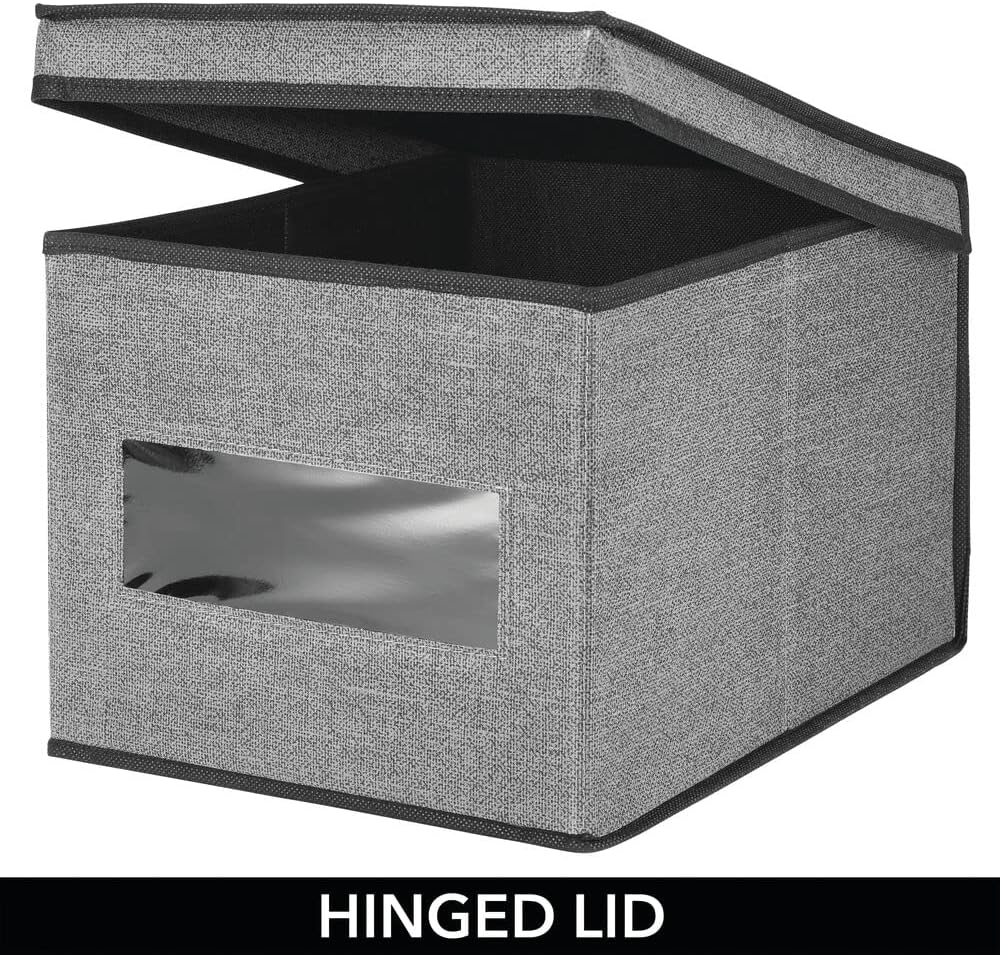 mDesign Large Fabric Stackable Closet Storage Organizer Box with Front Window/Lid for Bedroom, Office, Mudroom Organization, Hold Clothes, Blankets, Linens, Lido Collection, Dark Gray/Black