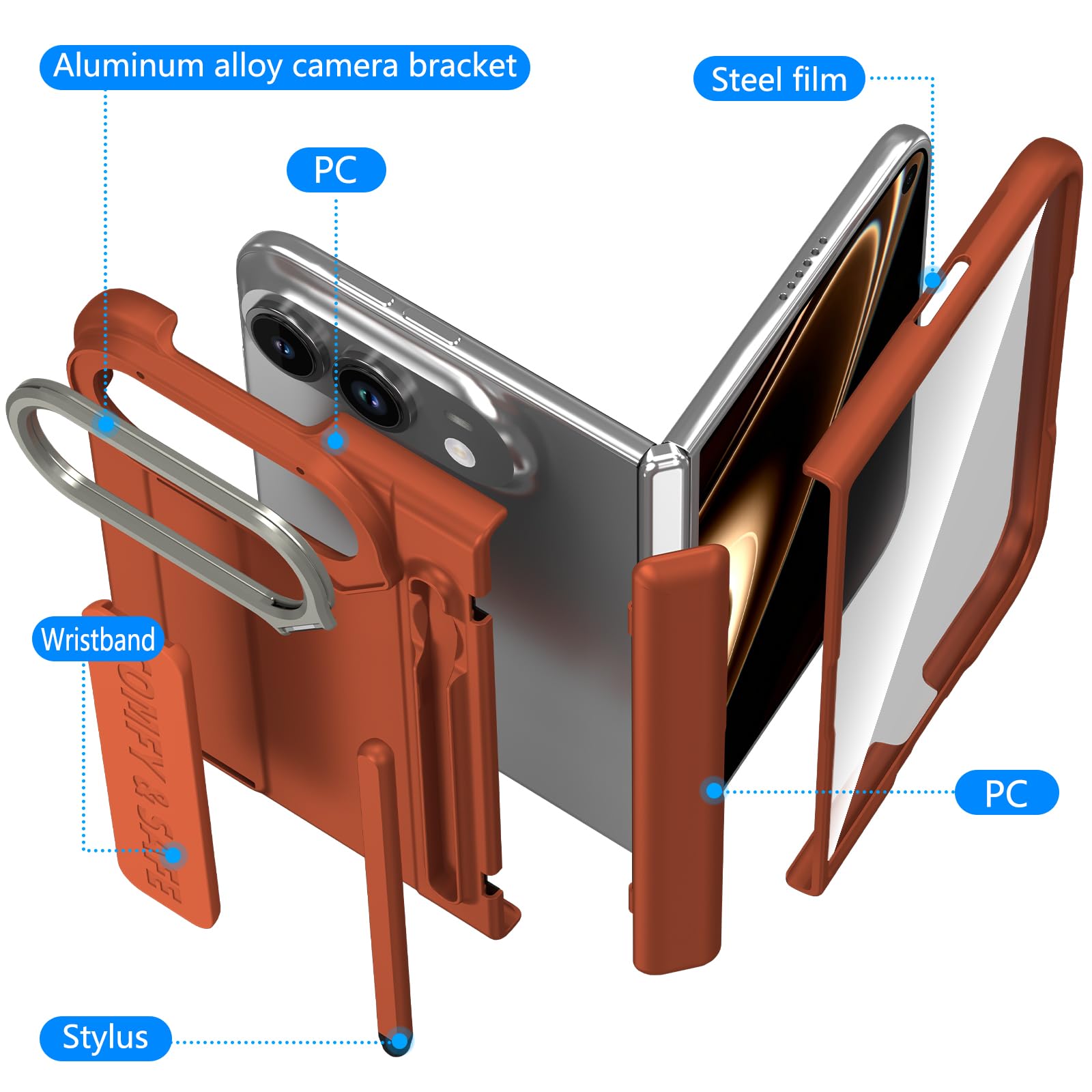Etui do iPhone Duo z paskiem na palec, ochraniacz zawiasów, wbudowany uchwyt na długopis i rysik, pokrowiec na podpórkę na telefon Duo z osłoną ekranu, brązowe