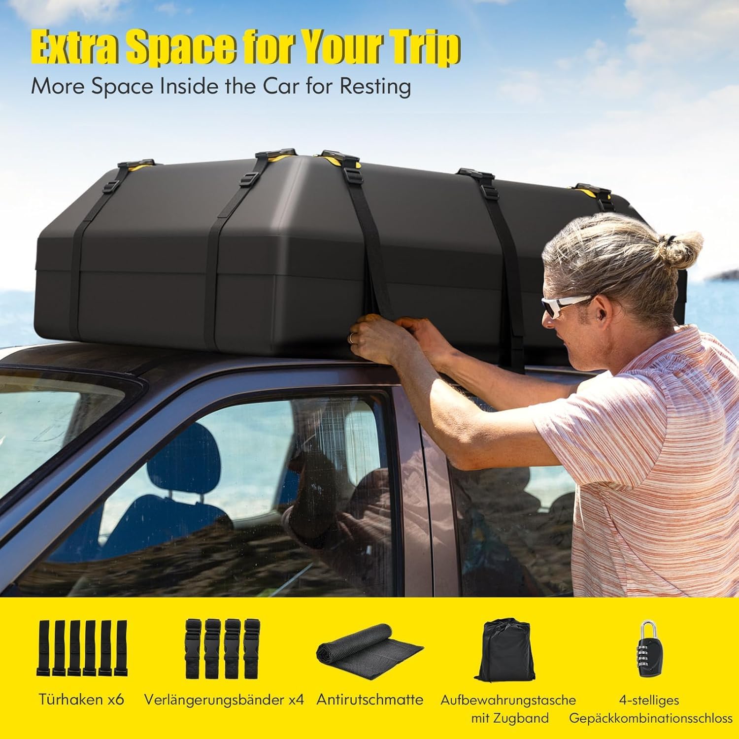 FANTASK Box da tetto da 600 l, con 6 ganci per porte, per auto e SUV, impermeabile, serratura a combinazione, tappetino antiscivolo e borsa per il trasporto, borsa pieghevole da tetto