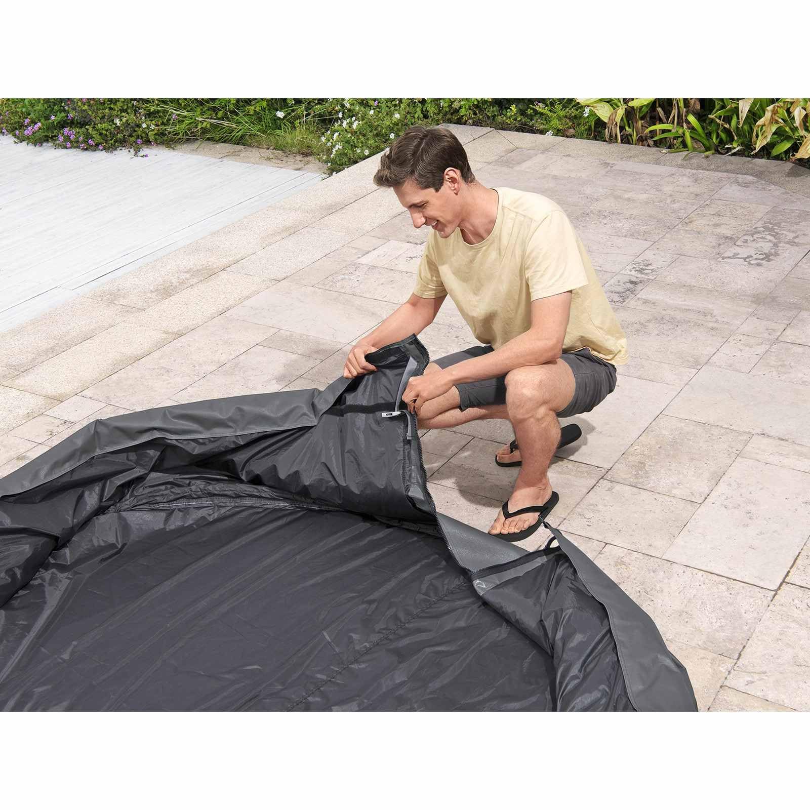 Couverture Piscine Ronde en PVC et Pom Gris Ø216 cm pour Spa, Bassin et Jacuzzi extérieur, résistance aux intempéries, Isolation Thermique, Porte zippée Pratique, Protection Durable