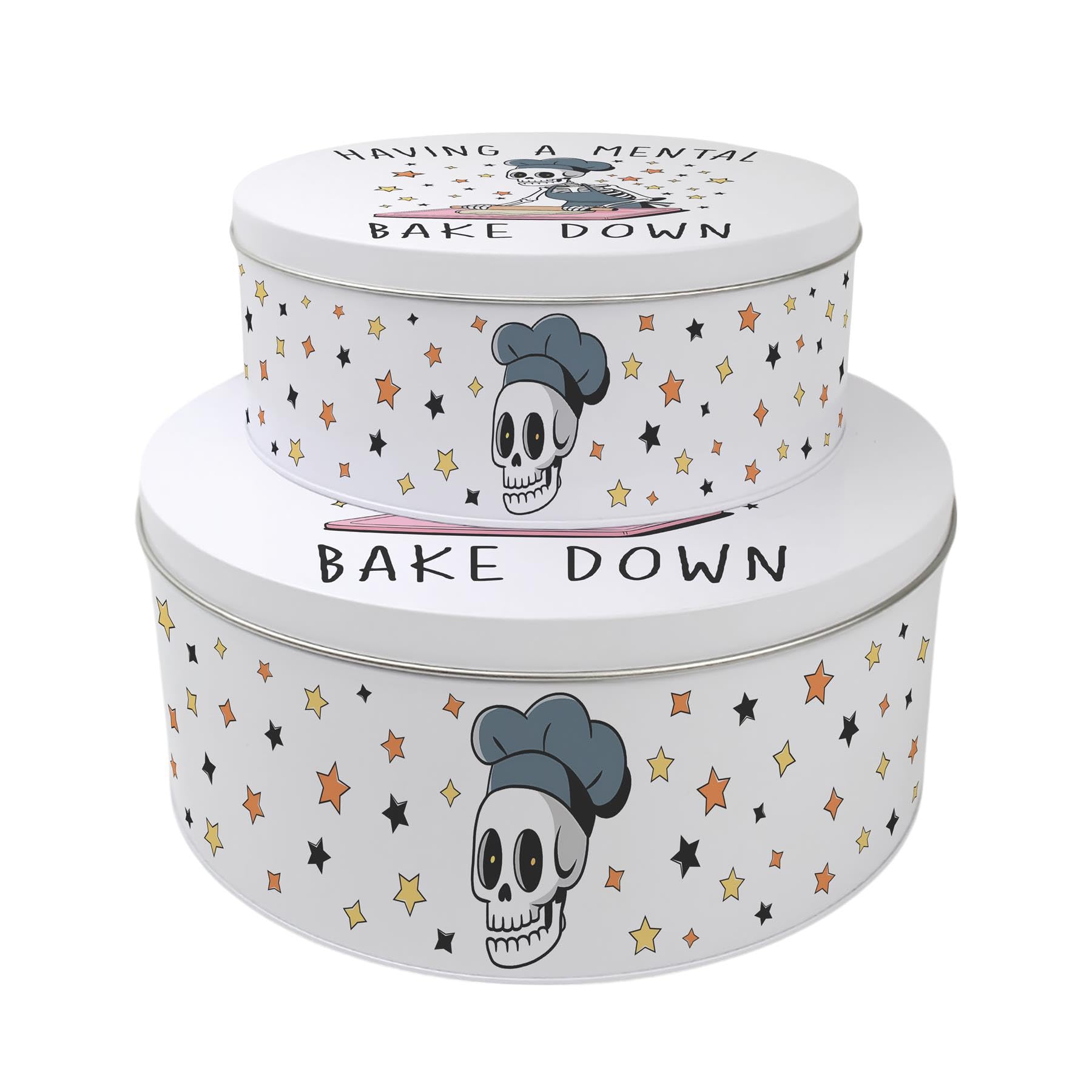 Purely Home Mental Bake Down Set of 2 Cake Tins Gift - Funny Halloween Themed Nesting Round Large & Medium Metal Storage Containers for Baking