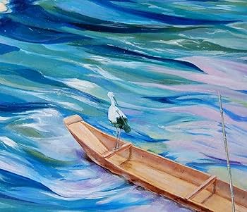 Amazon.co.jp: 絵画 直筆アート 「小舟とともに」平塚 加代子 ｜油絵