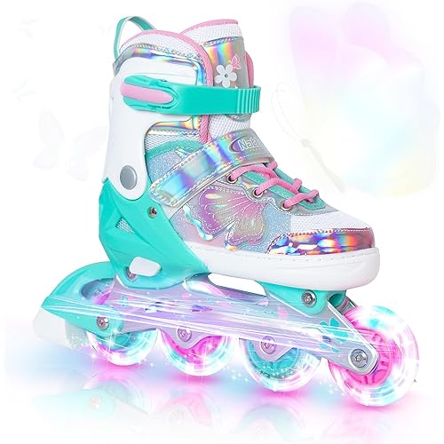 Nattork Girls Inline Skates for Kids Boys, 4 Sizes Adjustable Butterfly Blades Skates with All Light up Wheels - Birthday Gift for Indoor Outdoor Sports