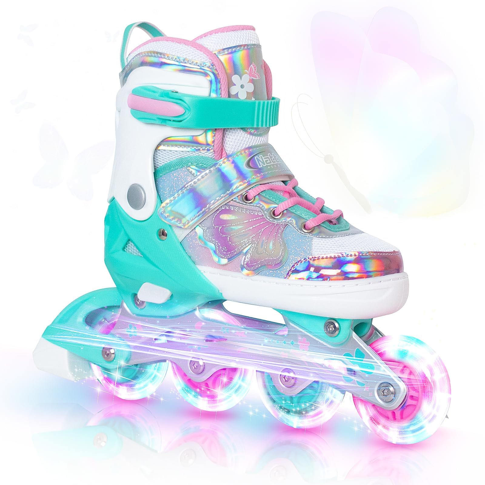 Nattork Girls Inline Skates for Kids Boys, 4 Sizes Adjustable Butterfly Blades Skates with All Light up Wheels - Birthday Gift for Indoor Outdoor