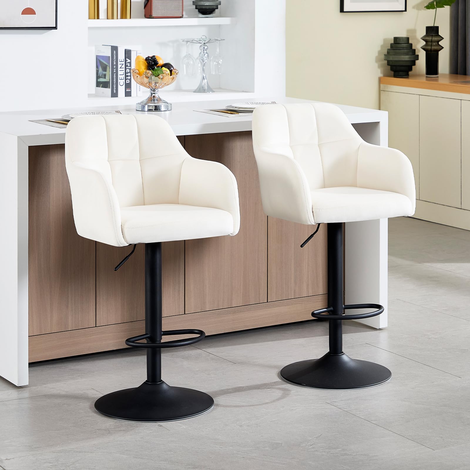 Orirsnug Bar Stools Set of 2, Height Adjustable Velvet Barstools, 360° Swivel Breakfast Chairs, Barstools with Armrests and Backrest, Suitable for Kitchen Counter Home, Restaurant, White