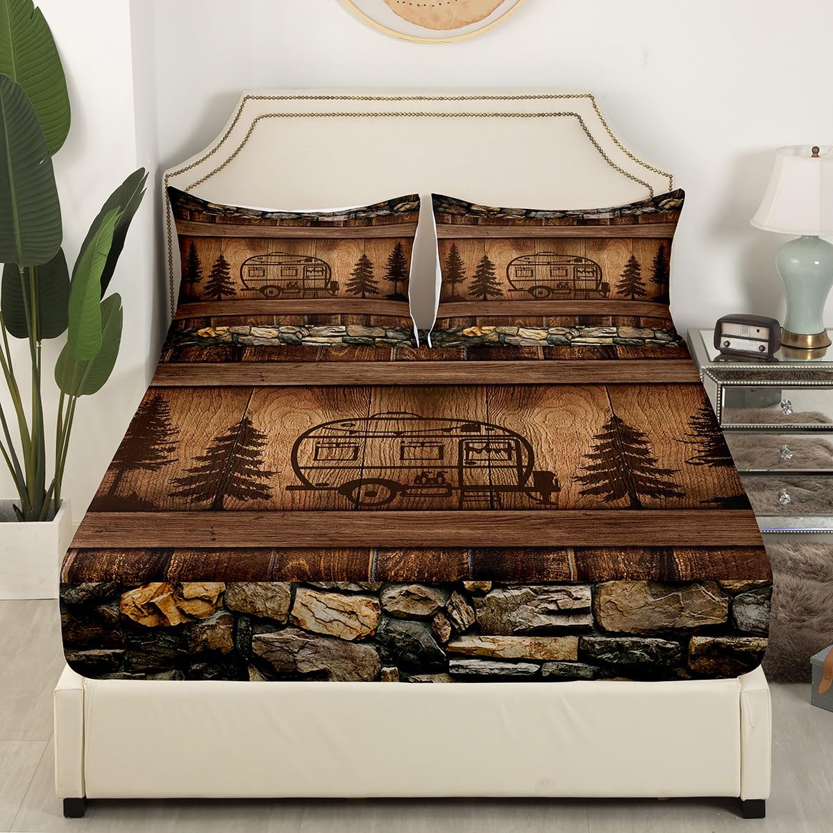 Erosebridal Kids Camper Twin Fitted Sheet Vintage Farmhouse Sheets for Boys Girls, Happy Camping Bed Sheets Rustic Lodge Cabin Bed Cover, Brown Old Barn Door Bed Set (Deep Pocket)
