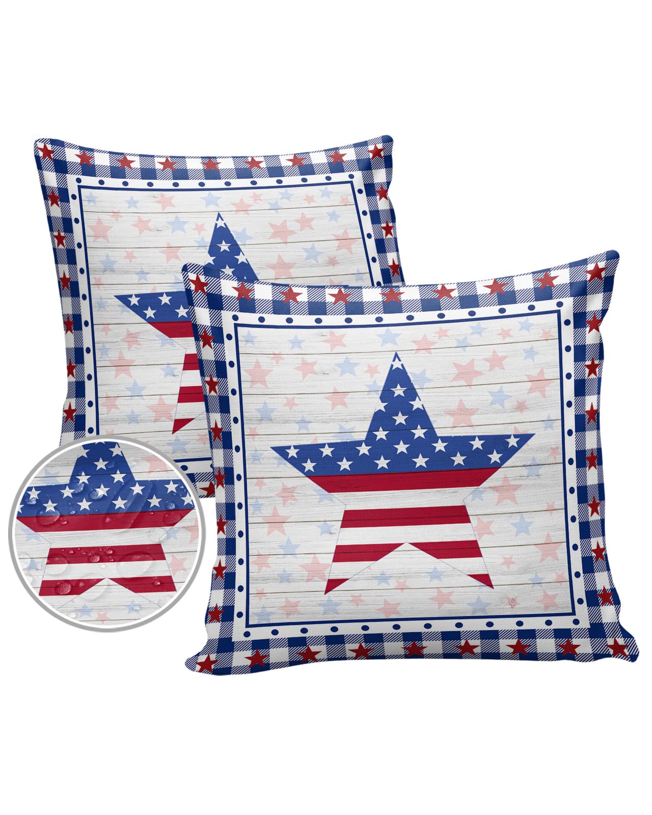 HELLOWINK Outdoor Pillows Waterproof Pillow Covers Set of 2 Independence Day Stars Polyester Throw Pillow Covers Garden Cushion Case for Patio Funiture Sofa Decoration 24x24inch American Flag Wood