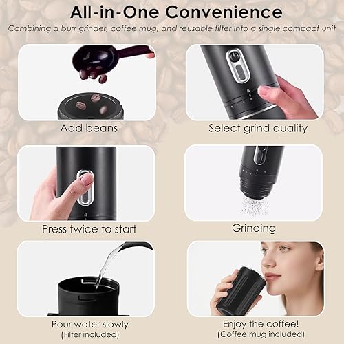 Miniatura 5 de Cafetera eléctrica portátil todo en uno, molinillo de café recargable de grano de café, rebabas cónicas, funciona con pilas, cafetera portátil