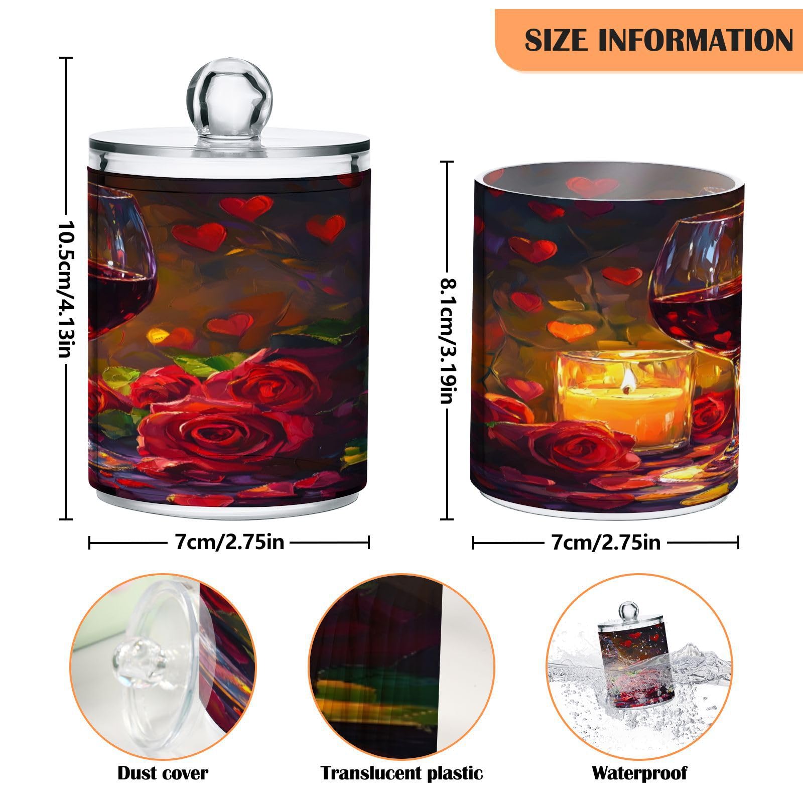 STAYTOP 4PCS Romantic Roses and Red Wine Qtip Dispenser Apothecary Jars Bathroom with Labels - Qtip Holder Storage Canister Clear Plastic Acrylic Jar for Cotton Ball,Cotton Swab,Coffee Bean