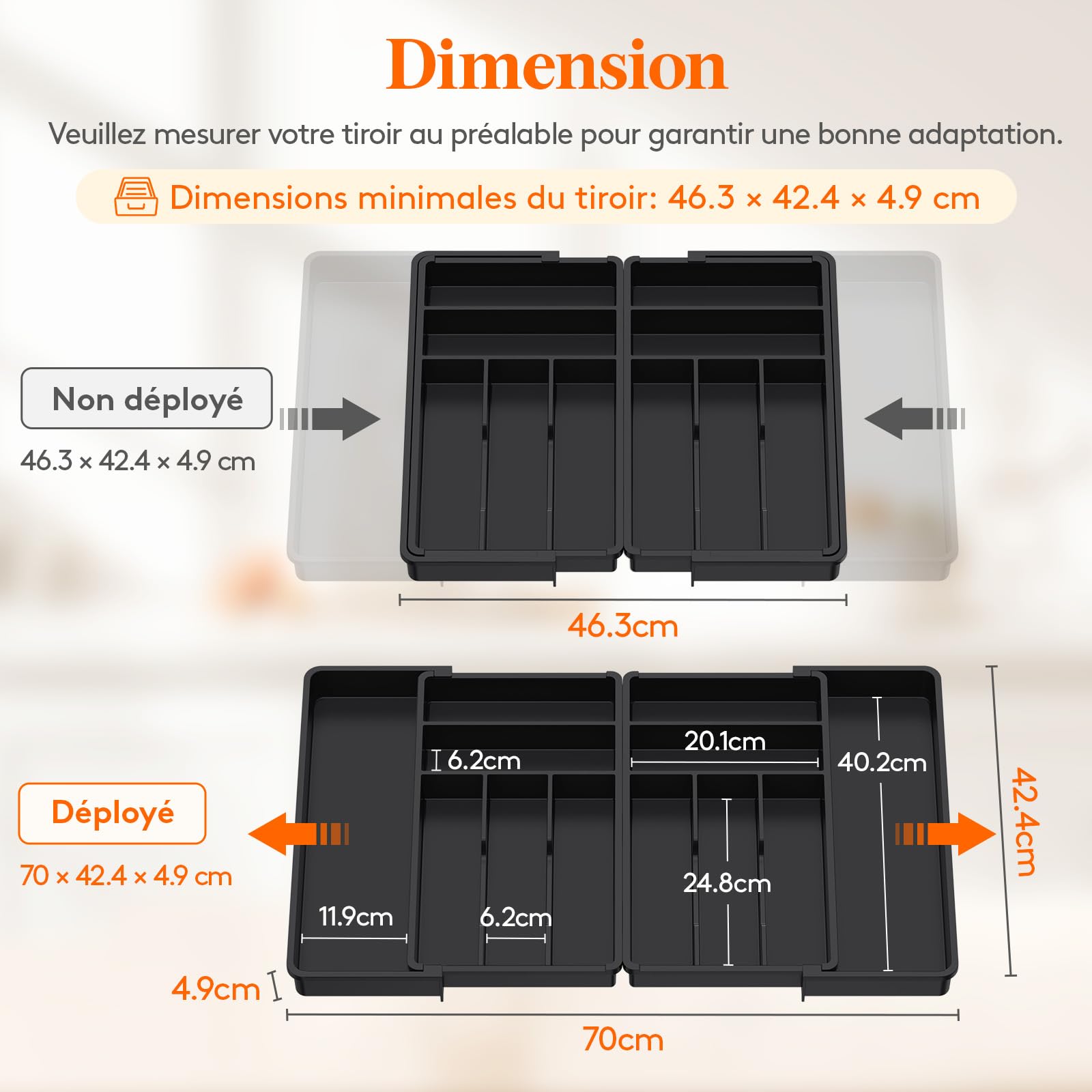 Lifewit Grand Range Couverts, Largeur de 46 à 70 cm, Organisateur Couverts Réglable pour Tiroirs, Profondeur 42,4 cm, Rrangement de Cuisine Amovible, Porte Ustensiles pour Fourchettes/Couteaux, Noir