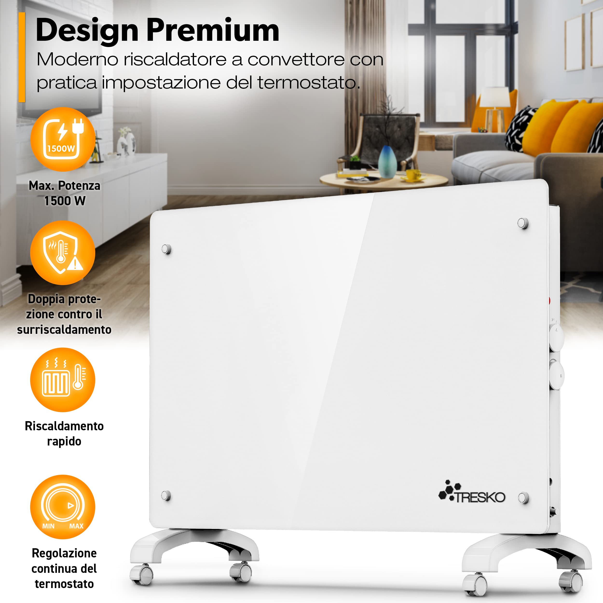 TRESKO Stufa Elettrica Basso Consumo Bianco 1500W | Stufa Elettrica basso consumo | Termoconvettore con Rotelle | Termosifone Elettrico Portatile | Termoconvettore a Parete con Termostato per Casa