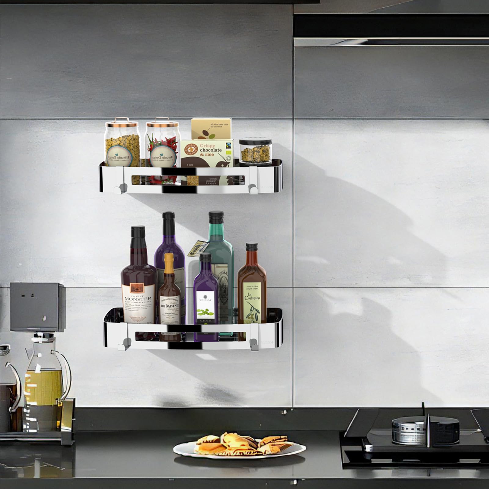 Mensola Doccia Senza Foratura, Mensola per Docciain SUS 304 Acciaio Inox con 4 Ganci, Organizer Adesiva Angolare Rettangolare Accessori da Bagno per Doccia, Bagno, Cucina (Argento - 1 Strati)