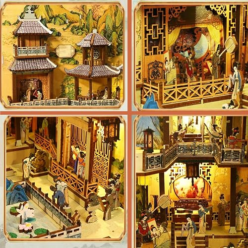 Miniatura 62 de Rompecabezas de madera 3D con caja de música de luz sensor, kit de montaje de rincón de libros en miniatura, kit de montaje de rincón de libros