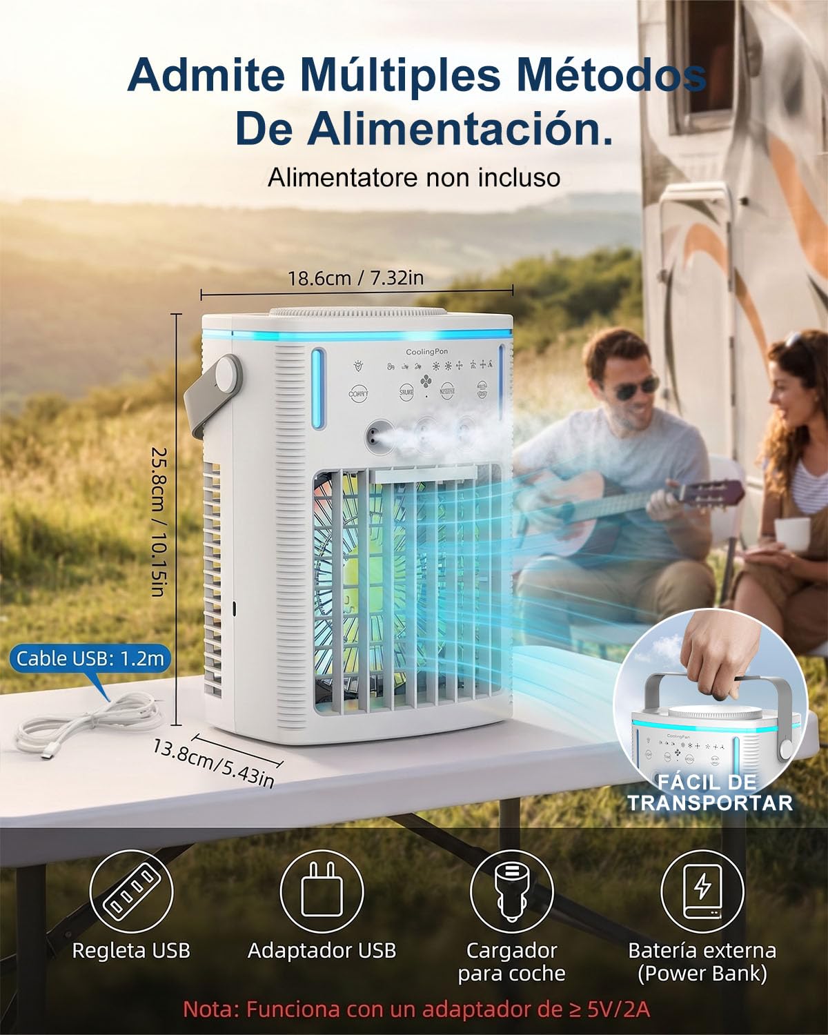 4-en-1 Mini Aire Acondicionado Portátil con Mando a Distancia, Enfriador de Aire de 1000ml con Temporizador 2-4-8H, Climatizador Silencioso con 3 Salidas de Niebla y 7 Luces LED para Dormitorio