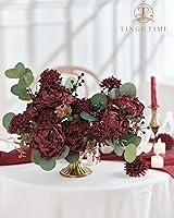 Vista 3 de TINGE TIME Flores falsas de aspecto real para decoración, 25 flores artificiales de dalia burdeos con tallo para ramos de boda, centros de mesa