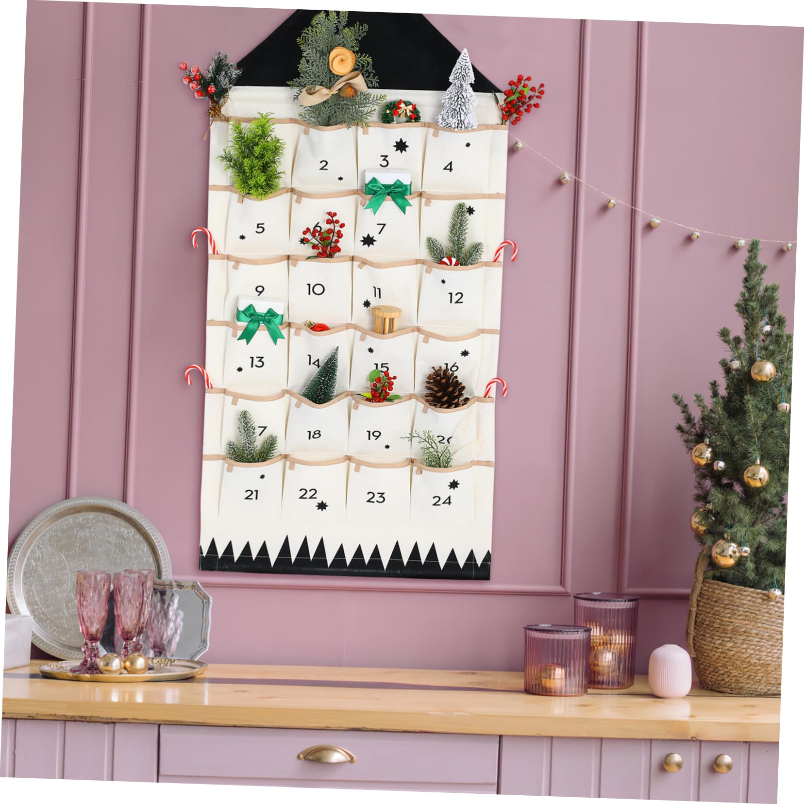 SEWACC Weihnachts-Adventskalender mit Taschen Countdown bis Weihnachten Stoff-Wandaufhängetasche Weihnachtskalender Aufbewahrungstasche mit Mehreren Taschen für Weihnachtsdekorationen zu