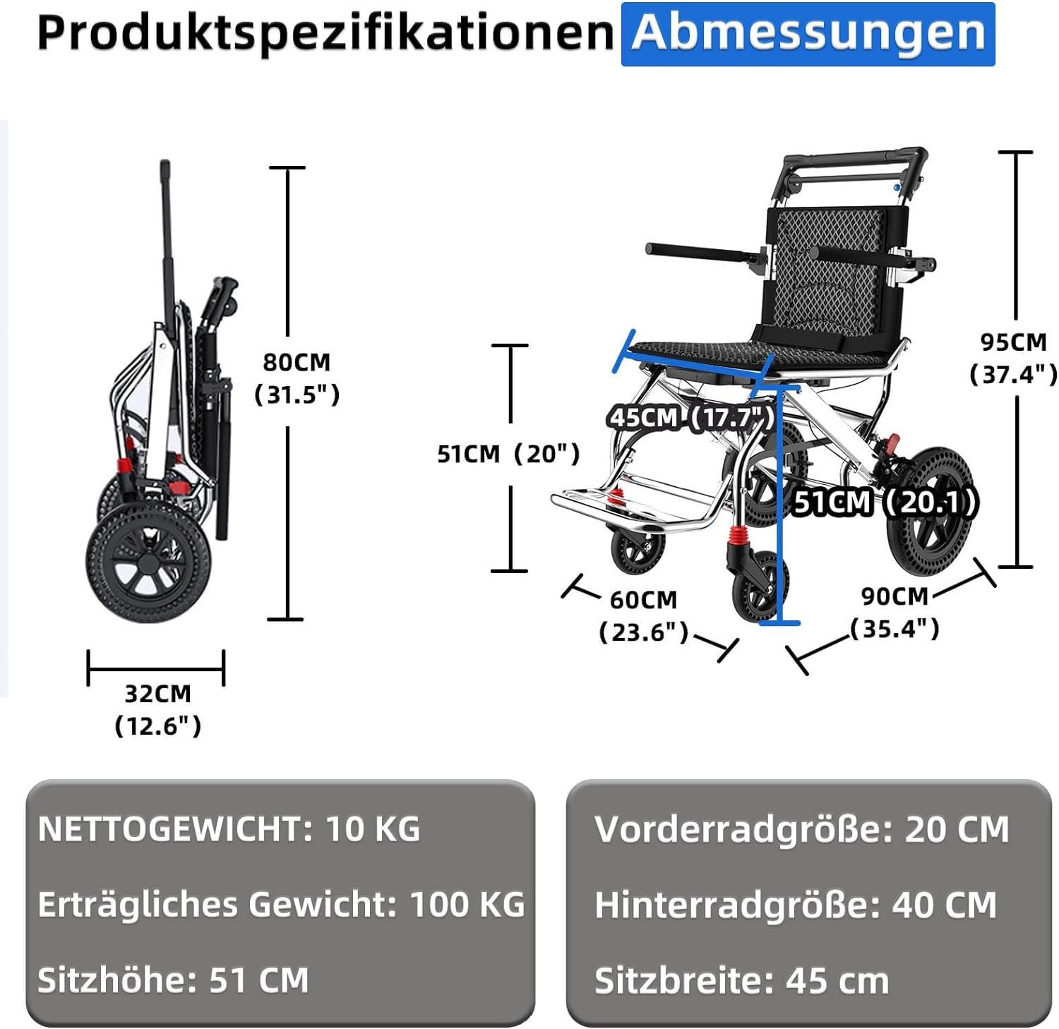 Sedia a rotelle pieghevole in alluminio leggero, sedie a rotelle con braccioli reversibili a 270°, sedie a rotelle autospinte, pesa solo 10 kg dopo la piegatura, può essere facilmente riposta nel ba