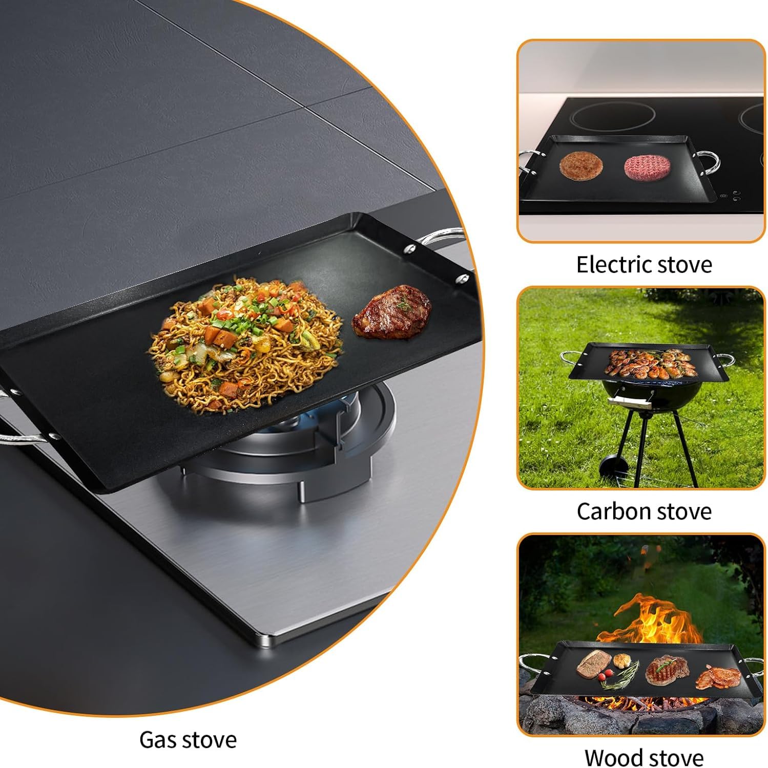 LetFeng 26” Double Burner Griddle Nonstick Double Burner Stainless Steels Stove Top Flat Griddle Coated Cool Touch Handle Oven Safe & Compatible With All Stovetops Black And Silver