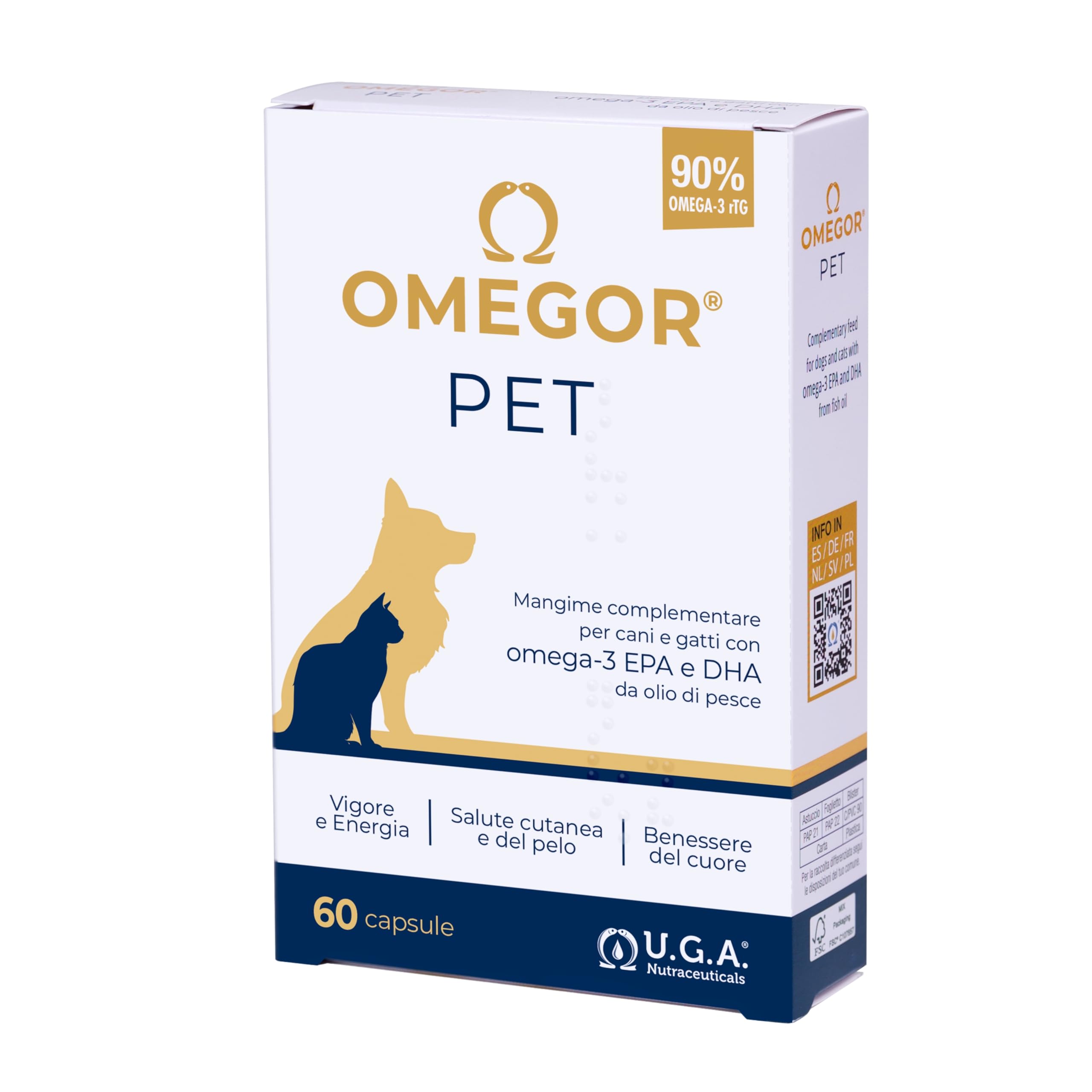OMEGOR Pet Omega 3 per Cani e Gatti con EPA e DHA da Olio di Pesce Purificato - 60 Capsule di Omega3 IFOS Certificato per la Salute del Pelo e delle Articolazioni del tuo Pet