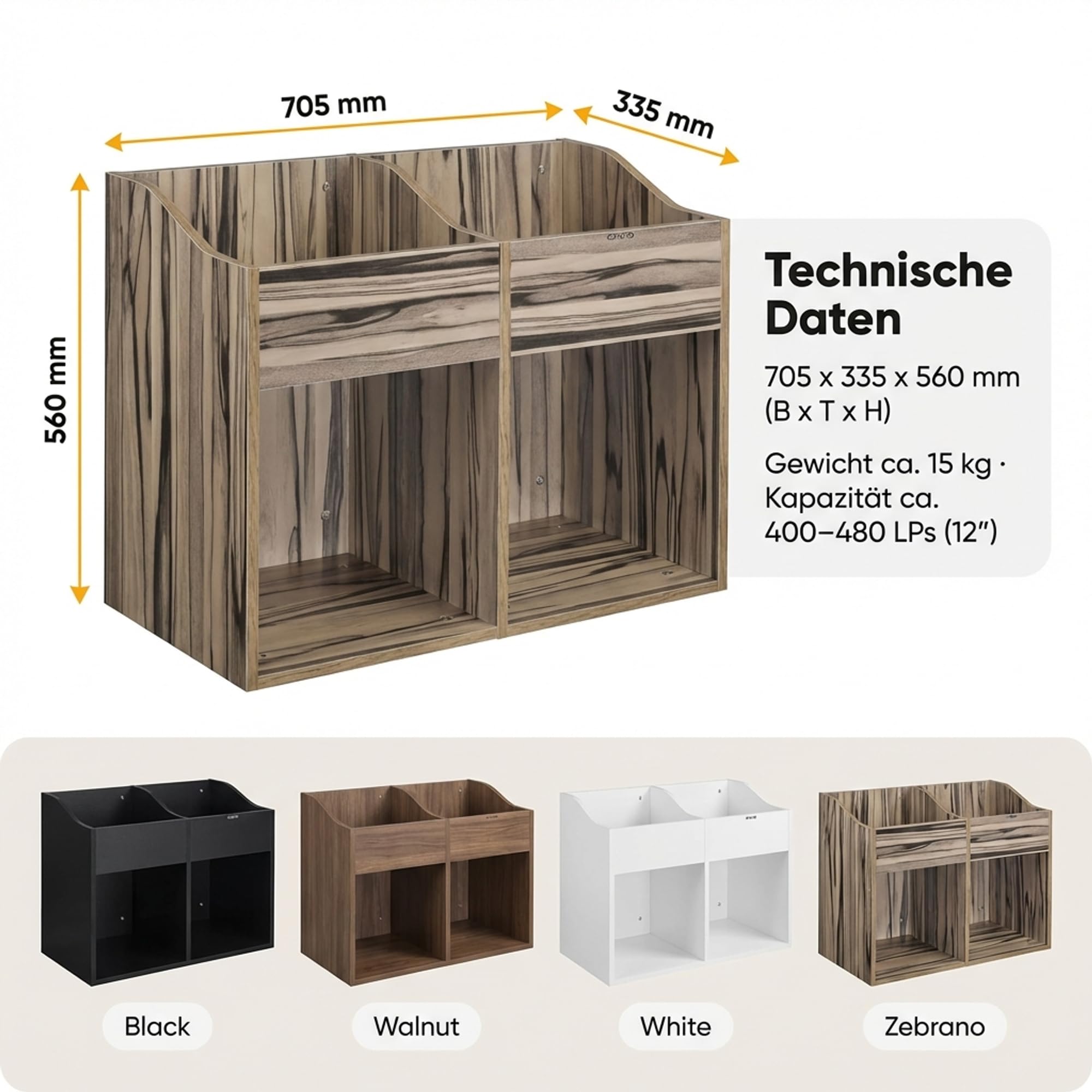 Zomo VS-Box 200/2 Vinyl Aufbewahrungsbox - 705 x 335 x 560 mm - Zebrano - MDF Holz - Regal für Schallplatten ca. 400 bis 480 LPs