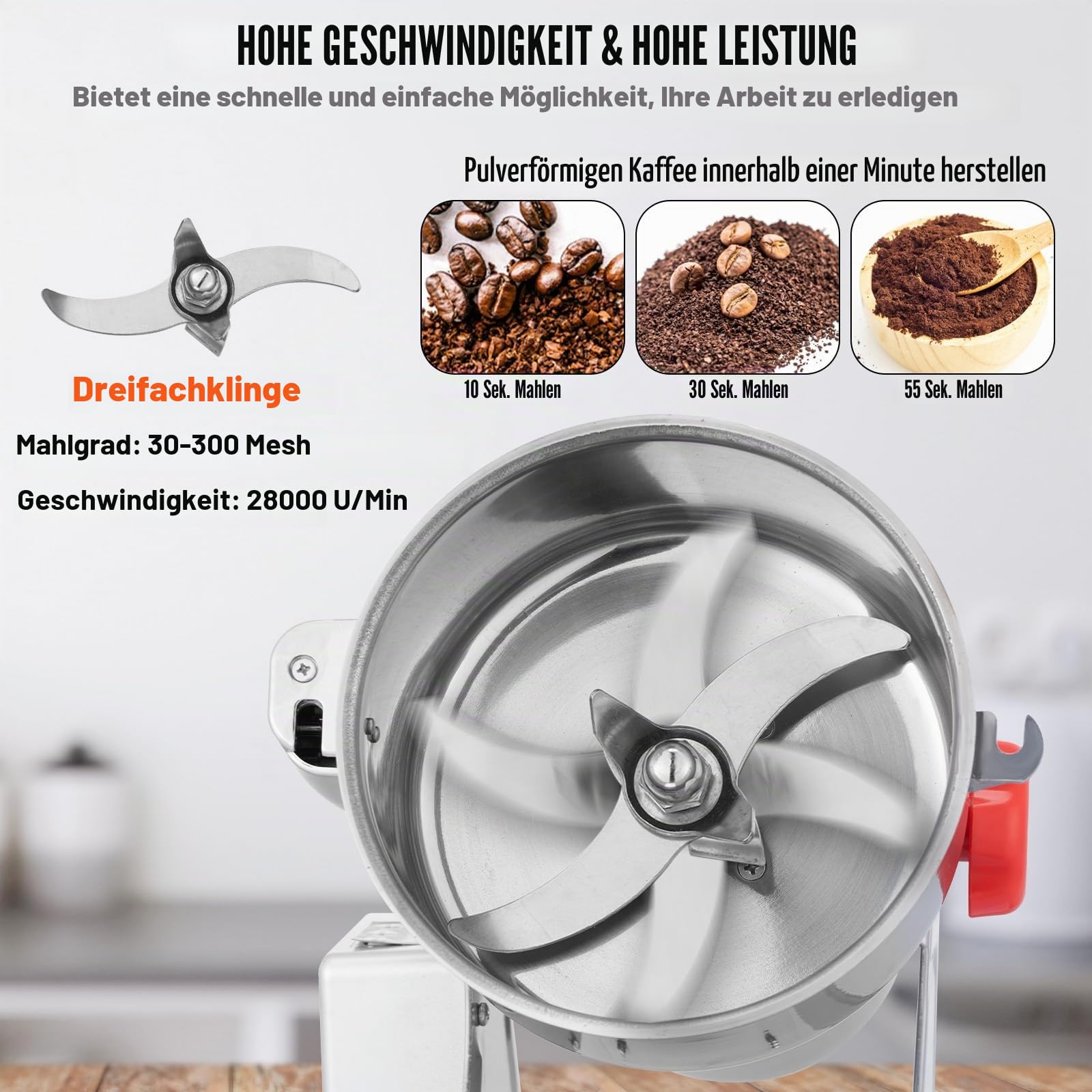 VEVOR elektrische Getreidemühle Hochgeschwindigkeits-Gewürzmühle 500 g mit 2000 W, Pulverisiermaschine aus Edelstahl, für trockene Körner Gewürze Müsli Kaffee Mais Pfeffer Schwenktyp 22 x 19 x 36 cm