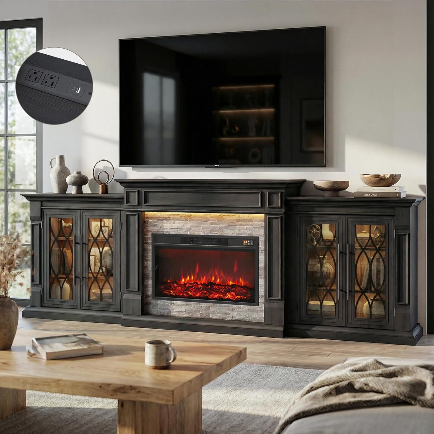 Mueble TV con Chimenea Eléctrica LGHM 104", Negro, 1400W