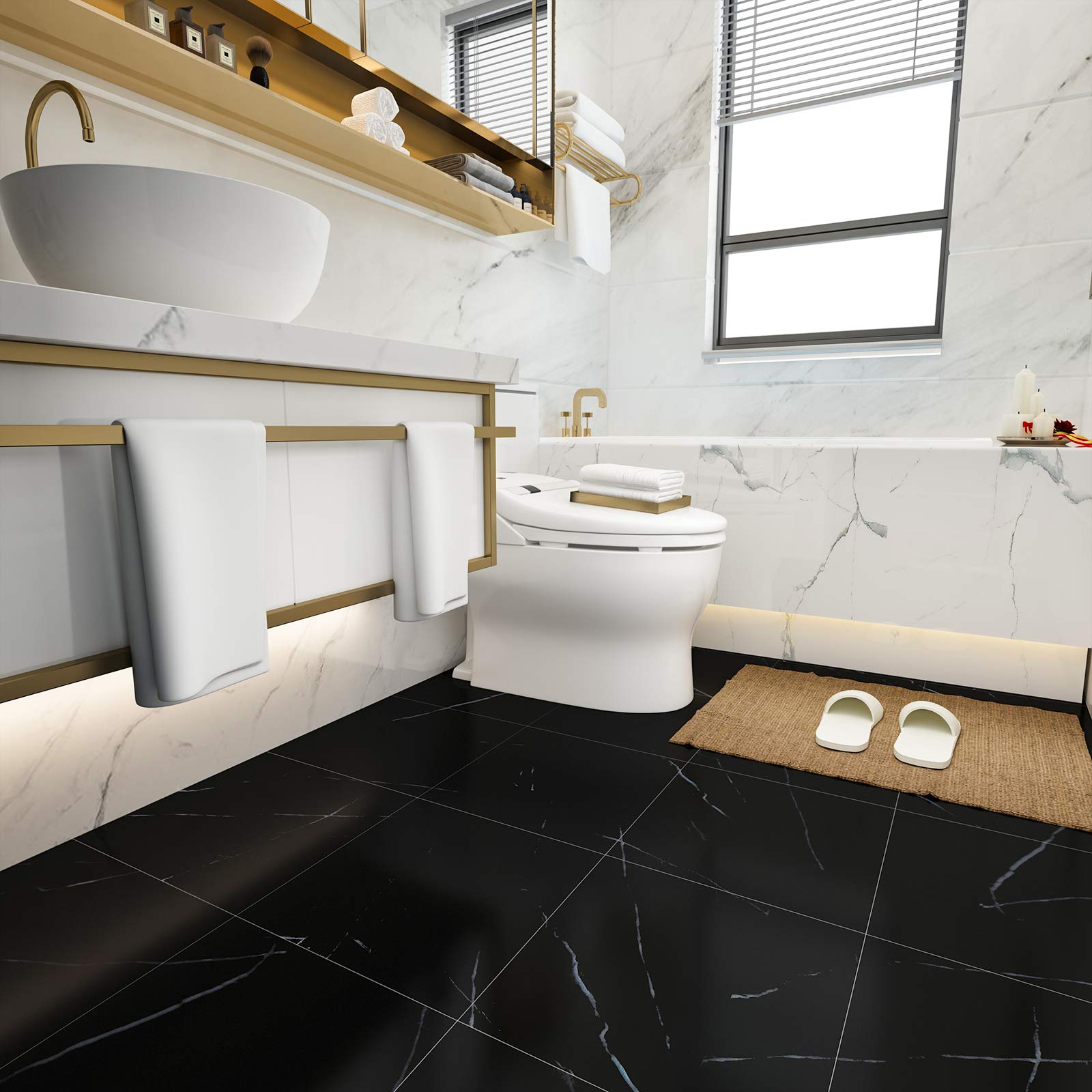 VEELIKE Pavimento PVC Adesivo Marmo Nera Piastrelle Adesive Pavimento Bagno 24 Pezzi Mattonelle Adesive Pavimento in Marmo Nero Adesivi per Piastrelle Cucina Camera da Letto Rimovibile 30 cm x 30 cm