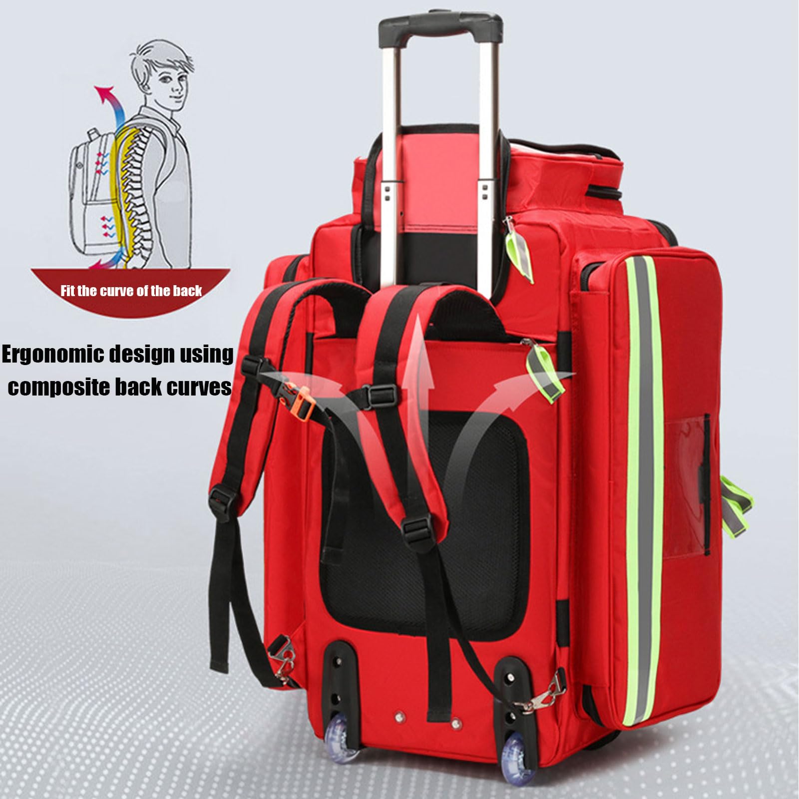 Bolsa de transporte médico portátil con ruedas, organizador de primeros auxilios de gran capacidad, marco desmontable y soporte para tanque de oxígeno para respuesta de emergencia