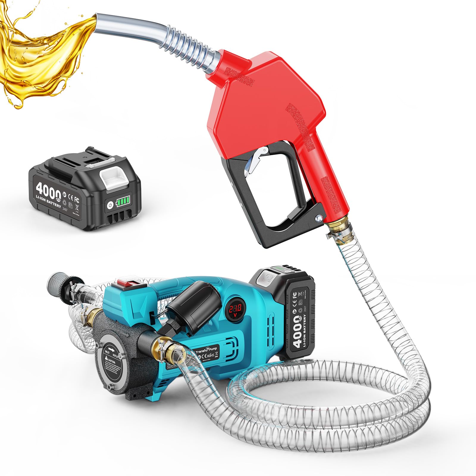 SEESII Fuel Transfer Pump Battery Powered: 12GPM Cordless Electric Diesel Transfer Pump Kit w/ 4.0Ah Battery &amp; Auto-Stop Nozzle, 2 Hoses &amp; Filter for Diesel Kerosene Portable Fueling on Farm Boat Home
