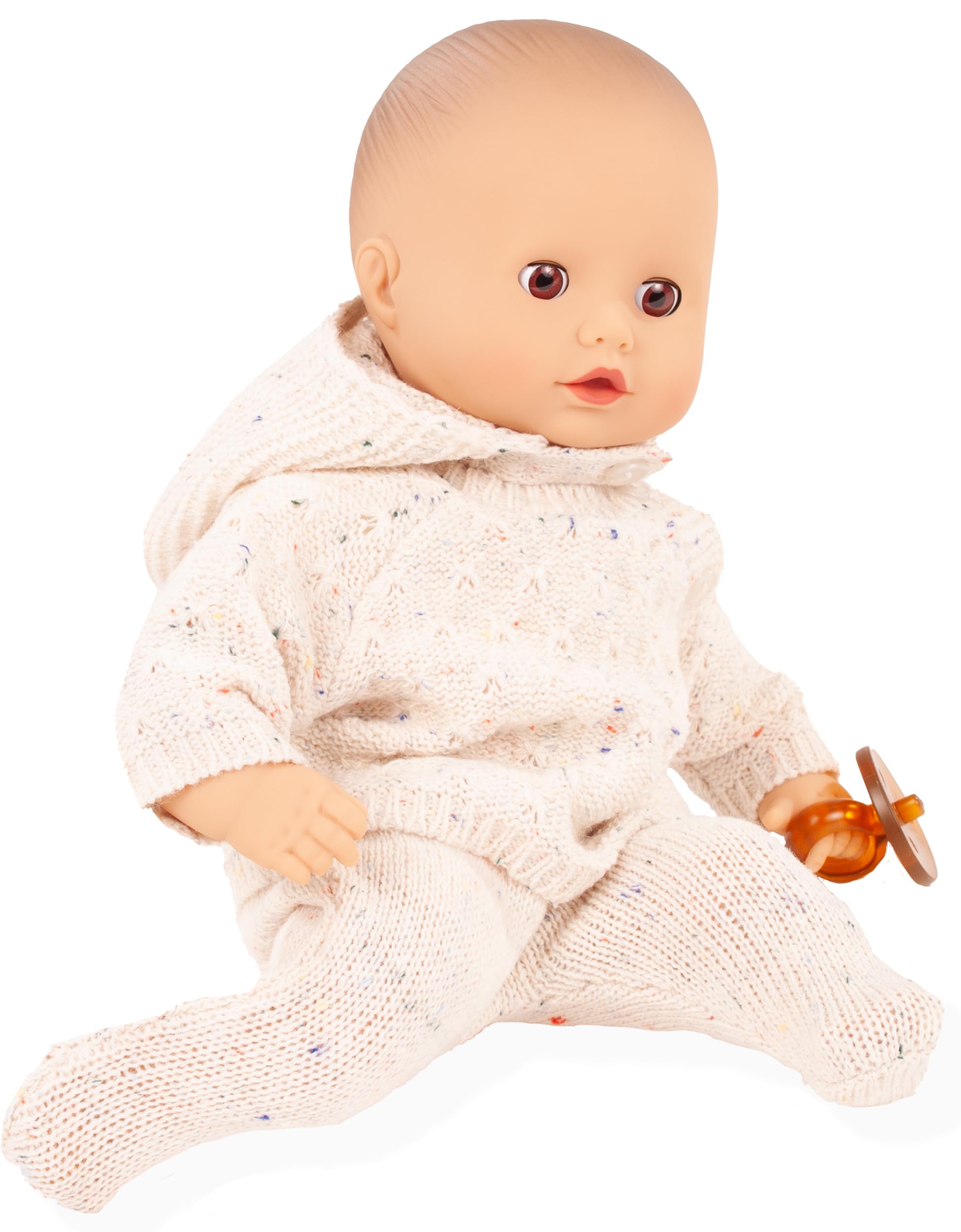 Götz 2520564 Muffin Baby Alles Strick Puppe 33 cm Babypuppe | braune Schlafaugen, 5-tlg, ohne Haare, Weichkörper, für Kinder ab 18 Monaten, waschbar, mit Schnuller, Strickmütze und Outfit