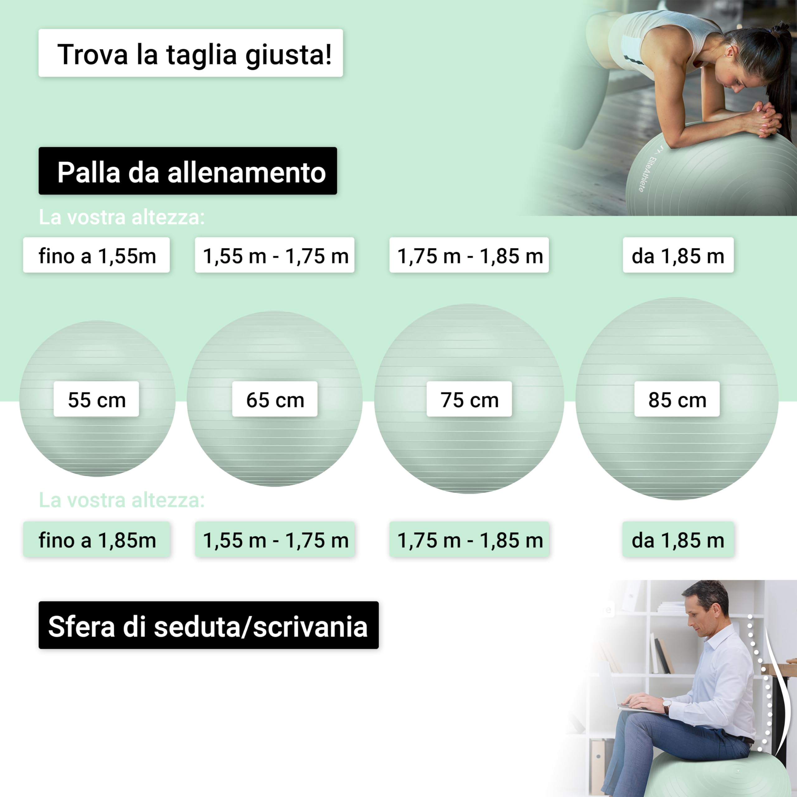 EliteAthlete Palla Fitness con Sistema Anti Burst - Palla Pilates Yoga - Fitball 55 cm 65 cm 75 cm 85 cm - Palla Gravidanza - Fit Ball incl. Pompa d'Aria