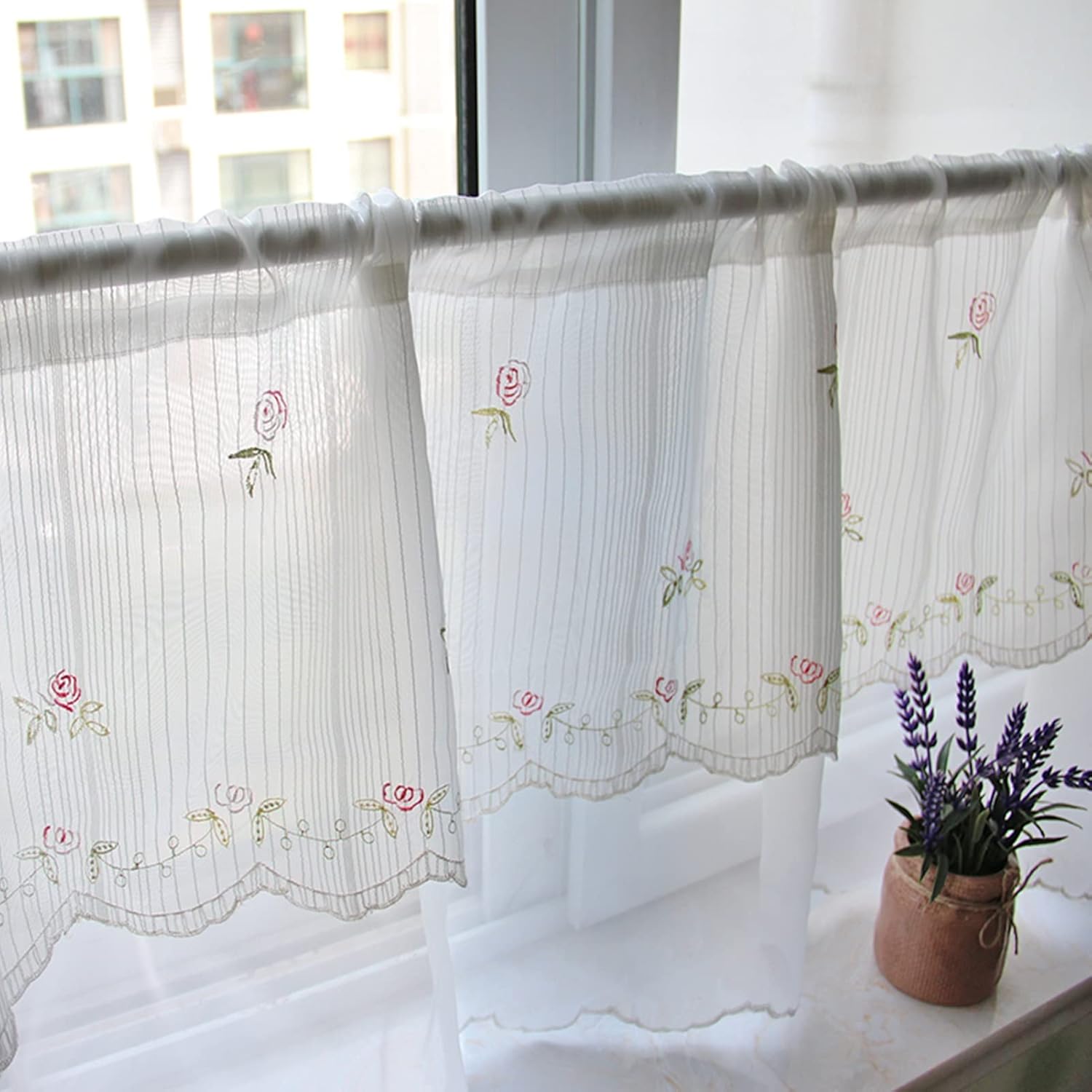White Kitchen Curtains, Embroidery Lace Valance, Semi Sheer Two Tier Curtains, Breathable Yarn Quality Cafe Curtain Panels, for/Bathroom/Living Room/Bedroom Windows, one Slice