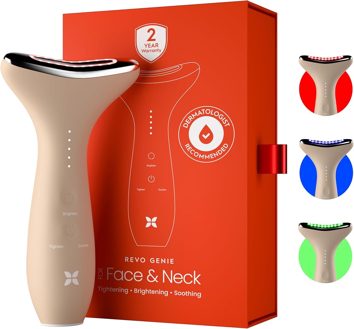 REVO Genie | 3-in-1 Face & Neck Beauty Massager with Heat, 3 Light Therapies, Smart Vibration | Powerful Red Light, Blue Light, and Green Light Therapy for Wrinkles, Hyperpigmentation, Acne & More