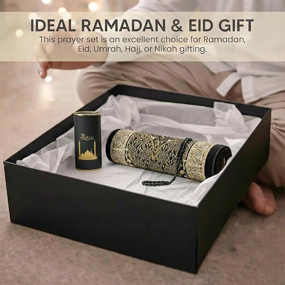 BML Islamic Prayer Mat with Tasbih Beads Gift Set Islamic Janamaz Prayer Rug for Salah Namaz, Ramadan & Eid (Black)