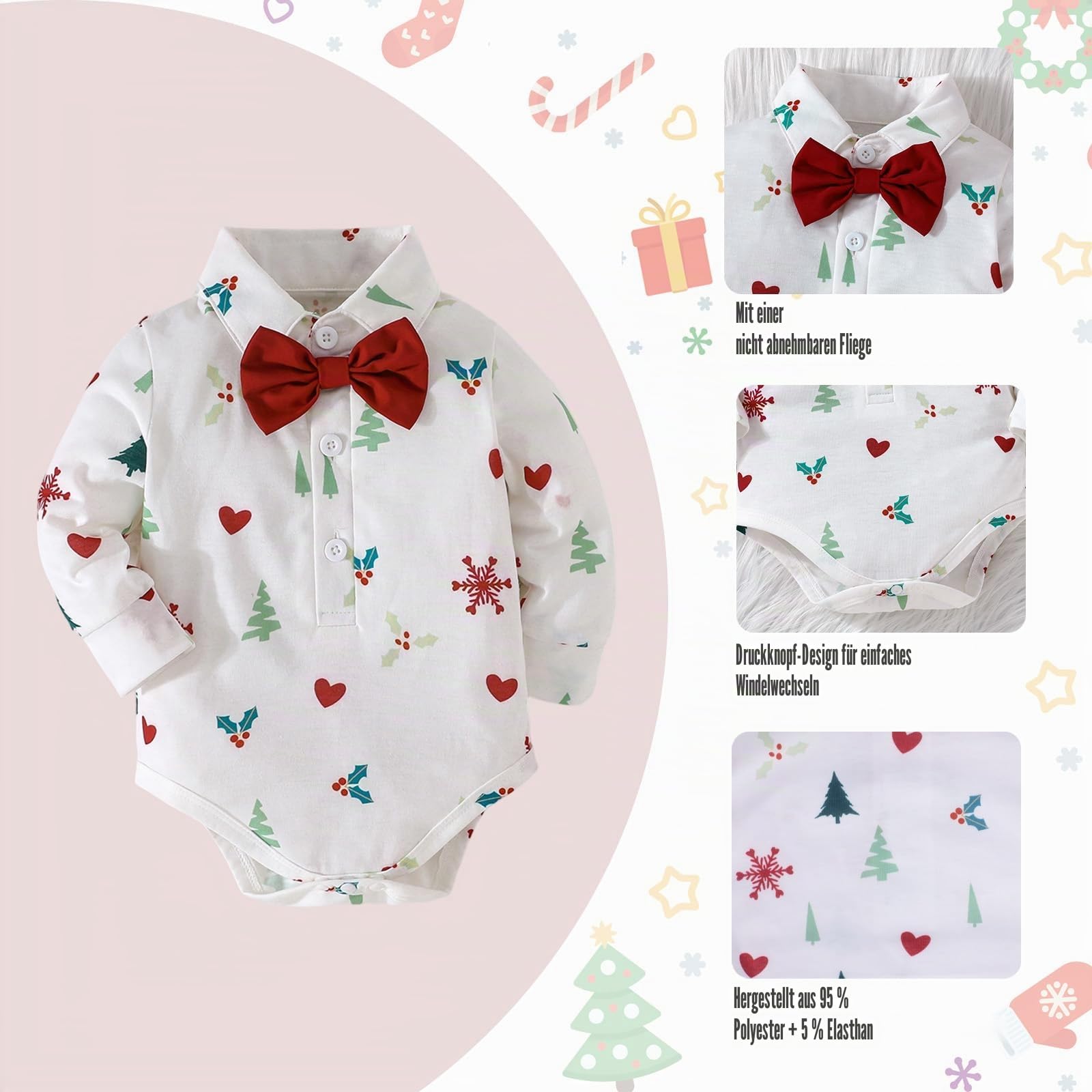 Weihnachtsoutfit für Jungen Kleinkind-Festtagskleidung 4-teiliges Gentleman-Set Body Fliege Hut & Hose mit Hosenträgern