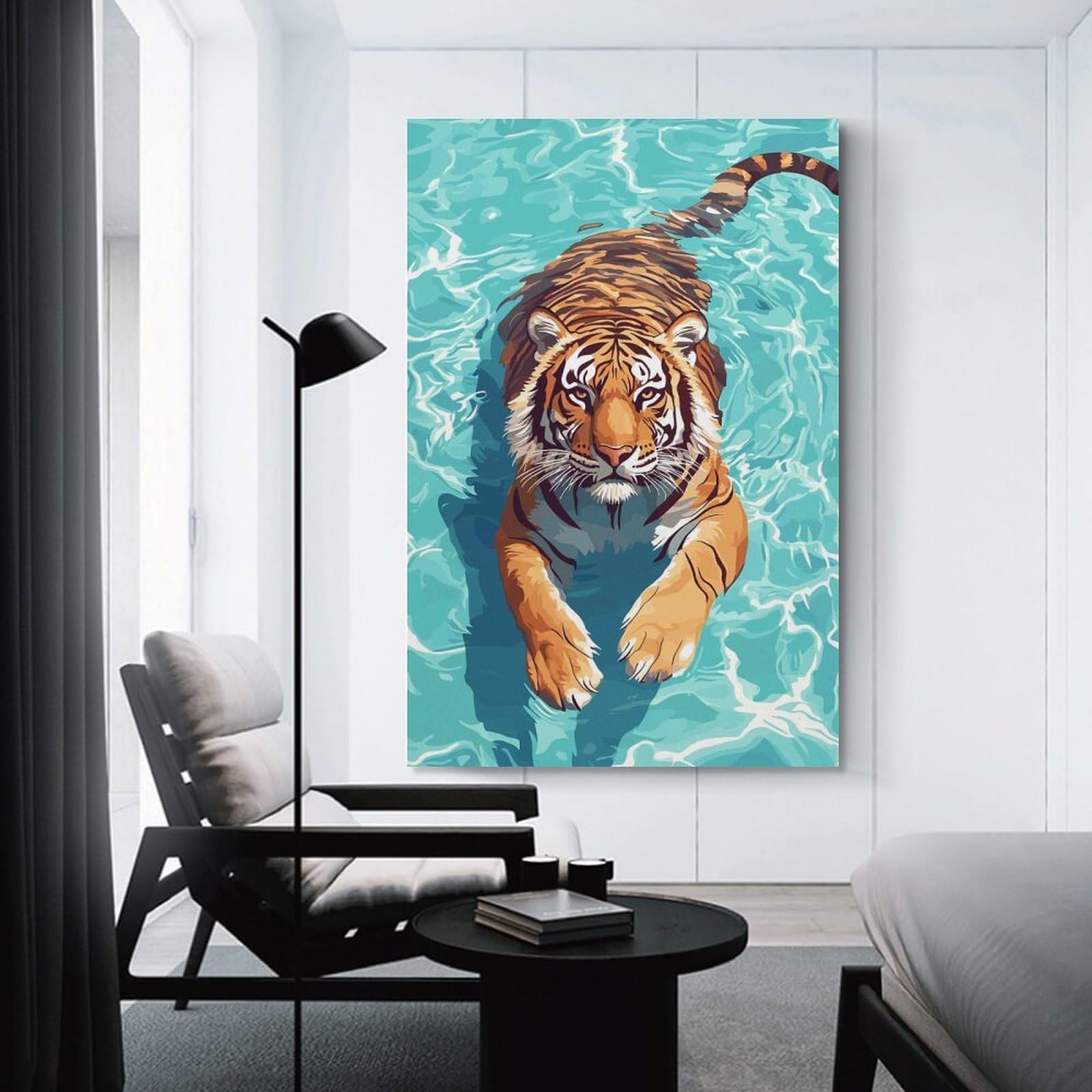 Junmoney Tiger Swimming in Blue Water Canvas Wall Art, 24x36inch(60x90cm), for Bedroom Decor, Cosy Corners Or Studios, Stylish Decor for A Restful Room Update
