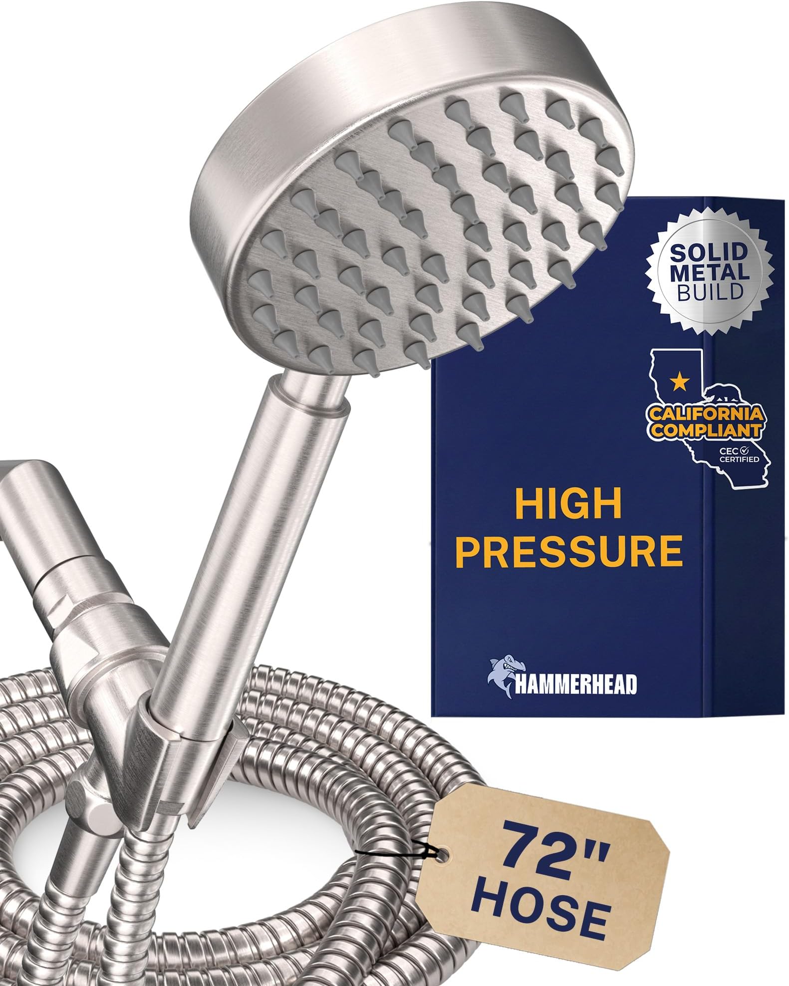 Hammerhead Showers® Solid Metal Low Flow Handheld Shower Head with Hose and Brass Holder - Brushed Nickel – Water Saving 1.75 GPM Detachable Shower Head - Adjustable Shower Wand Bracket & 6ft Hose