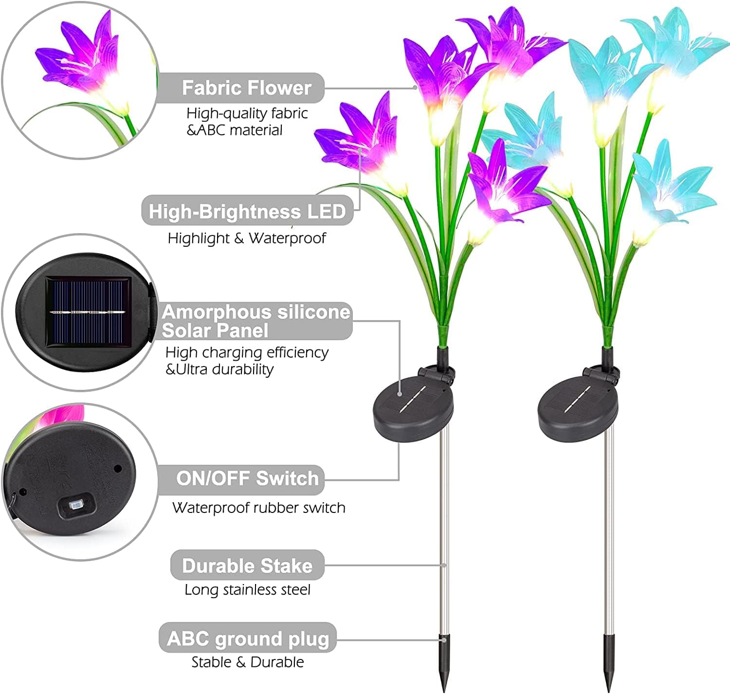 BASIWEI Outdoor Solar Garden Stake Lights, 2 Pack Solar Garden Lights with 8 Lily Flower, Waterproof Solar Powered Fairy Lights for Outdoor, Garden, Patio, Backyard(Purple and Blue)