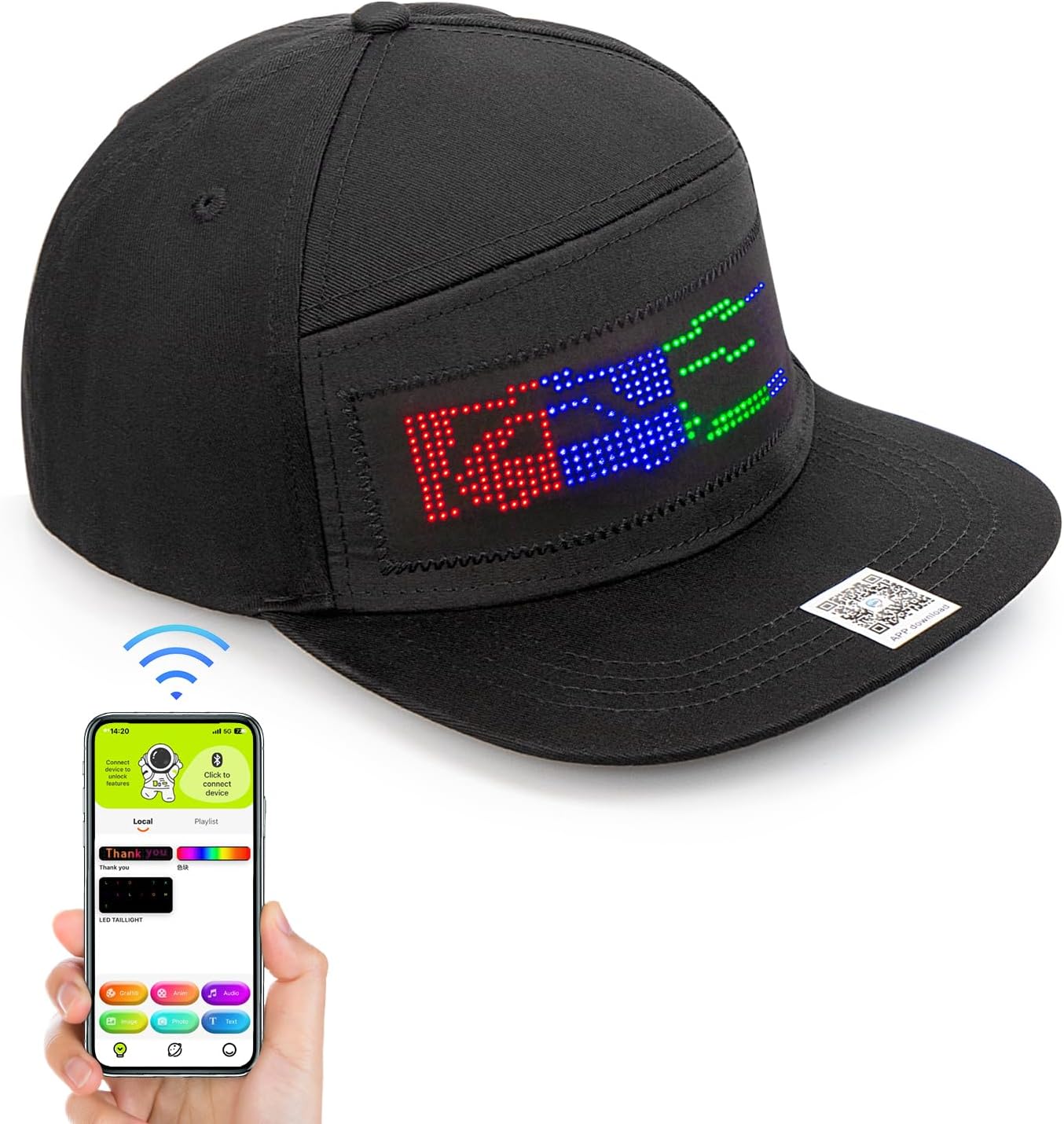 LED Sign Hat, Bluetooth App Control Baseball Caps, Supports Text, Pattern, Graffiti for Party, Running Hip Hop, Bar, Christmas(Black Cap Mixcolor LED) - Image 2