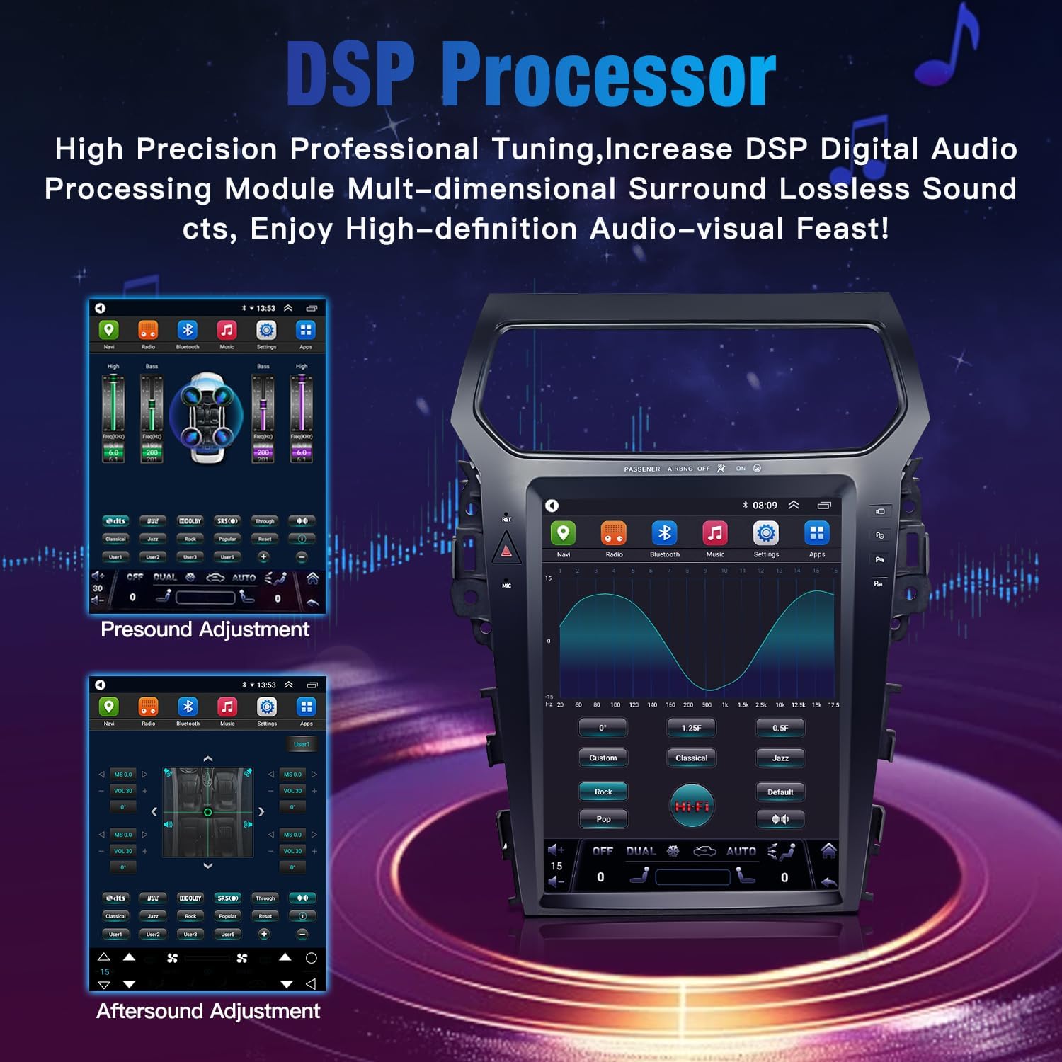 DSP Processor interface showing sound adjustment controls and equalizer settings.
