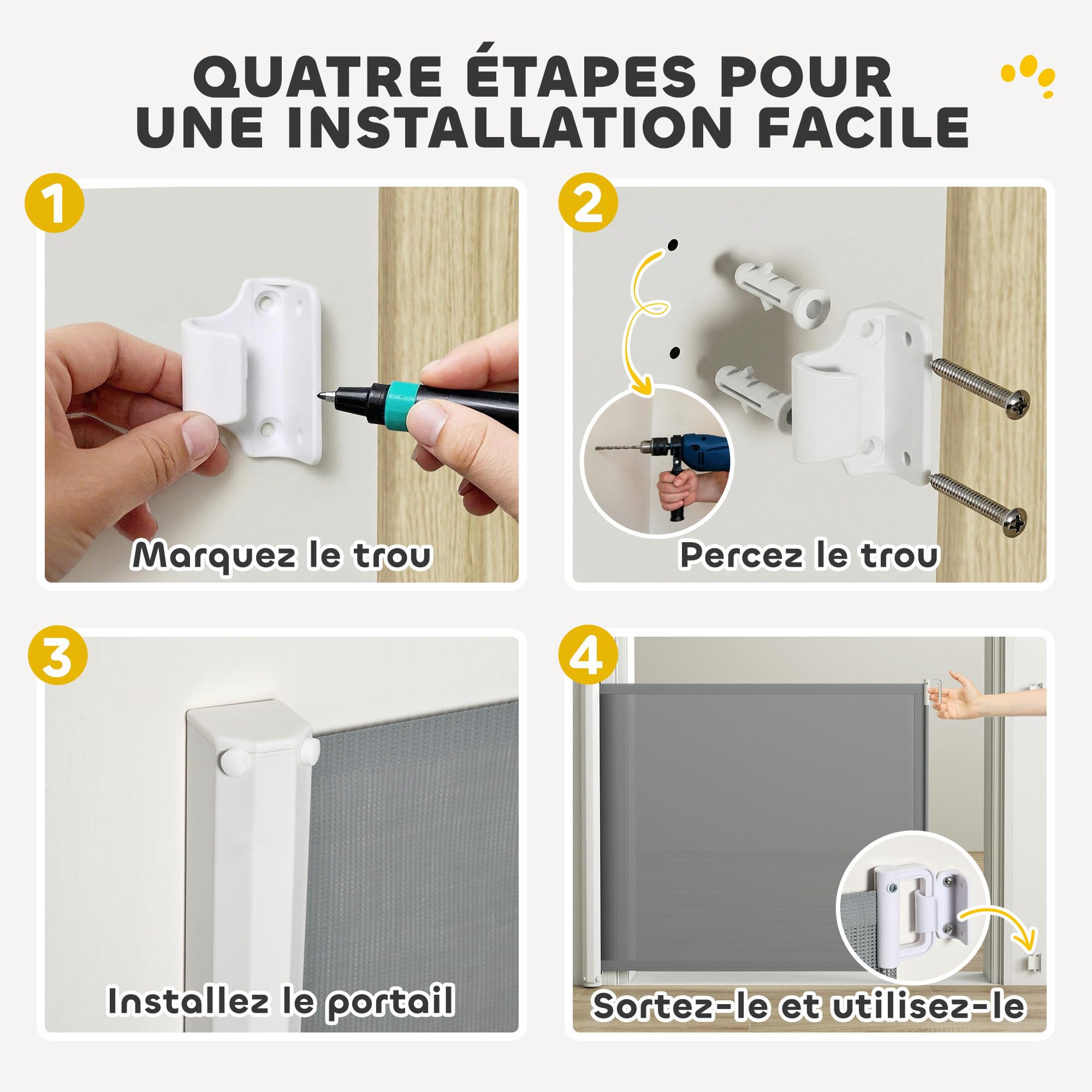 PawHut Barrière de sécurité barrière Animaux rétractable Automatique 1,15L x 0,83H m teslin métal Gris