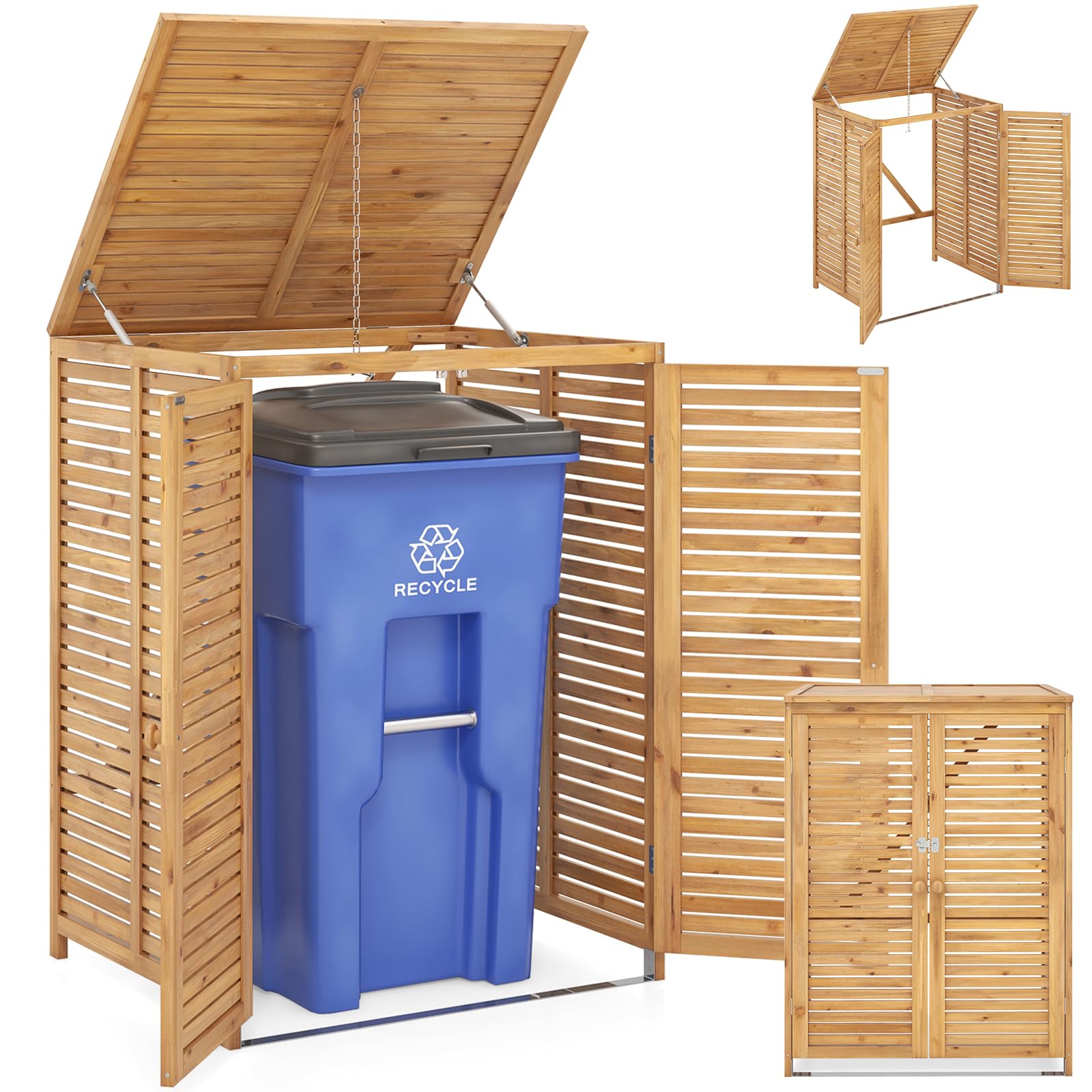 RELAX4LIFE Contenedor de Basura de Madera para 1 Tonelada 120 L, Revestimiento de Contenedores de Basura 86 x 70 x 114 cm, Casa de Cubos de Basura con Tapa y Puertas Dobles (Natural)