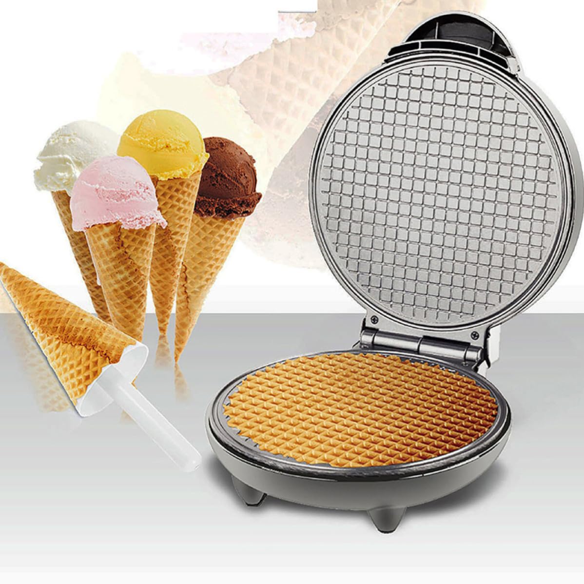Supvox Elektrischer Eisrollenmacher mit Anti Rutsch Basis aus Kunststoff und Edelstahl Schwarzes Backzubehör für Herstellung von Eiscreme Cones und Rollen zu Hause