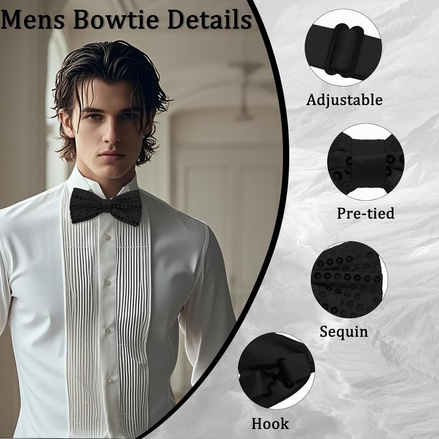 Sequin Bow Ties for Men, Adjustable Length Shiny Mens Bow Tie Tuxedo Bowties Men for Party Wedding Banquet Prom Daily