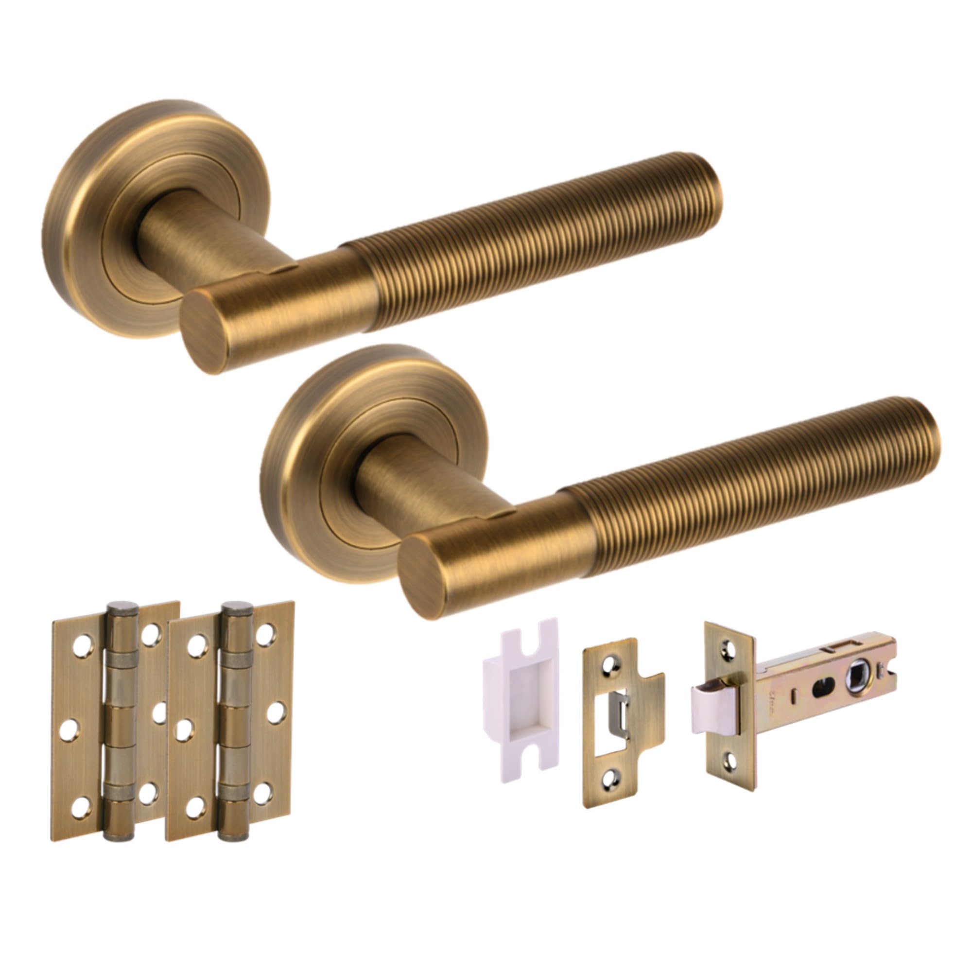 Hunta HANDLEZONE® Halo Ring Knurled Internal Door Handle Pack, Complete with Lever Handles, 76mm Latch, 75mm Ball Bearing Hinges - Matt Bronze