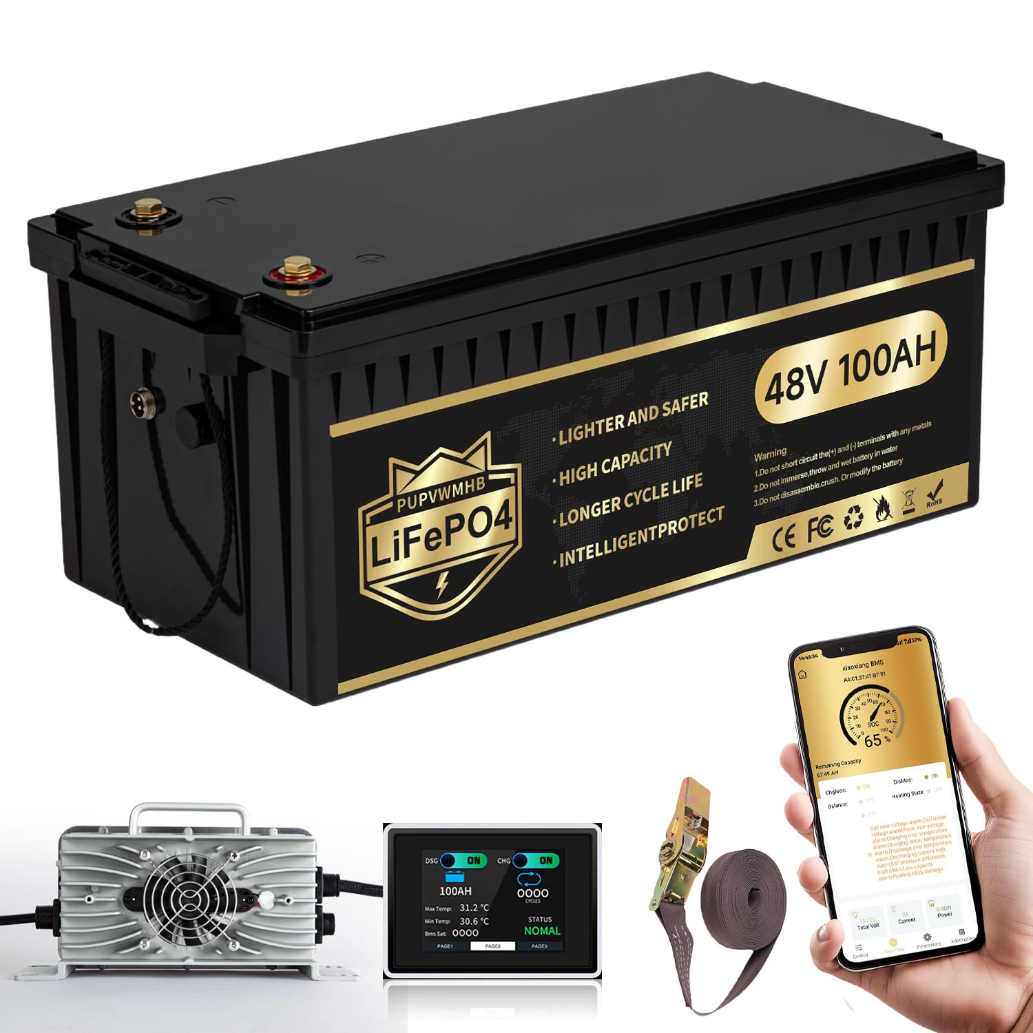48V 100Ah Lithium Golf Cart Battery, Lifepo4 Battery with 58.4V 18A Charger, Built-in 200A BMS, LCD Monitor & Mobile APP,Peak Current 1000A .10.24kW Output, Perfect for Golf Carts, Solar