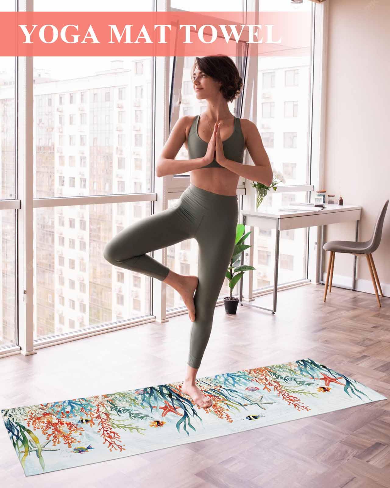 BOSIJOY Yoga Mat Towel,Summer Watercolor Ocean Coral Non Slip Sweat Absorbent Hot Yoga Towels with Corner Pockets,Marine Life Starfish Seaweed Soft Microfiber Towel for Pilates Bikram 74