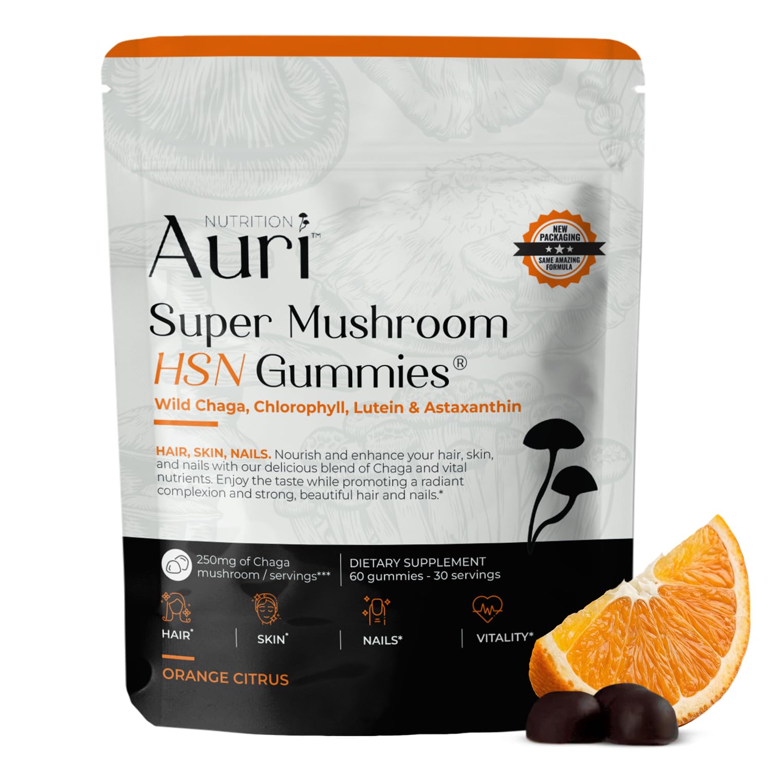 Auri Nutrition Super Mushroom HSN Gummies - Hair Skin and Nails Functional Mushrooms Supplement - with Wild Chaga, Chlorophyll, Lutein and Astaxanthin - 60 Orange Citrus Gummies