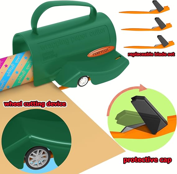 PERFYCUT Wrapping Paper Roll Cutter Tool with 3 pcs Replaceable Blade Kit Gift Wrapping Paper Cutter for Christmas and Birthday Wrapping Paper Gift Wrap Cutter Holder Tube Slicing Trimming.