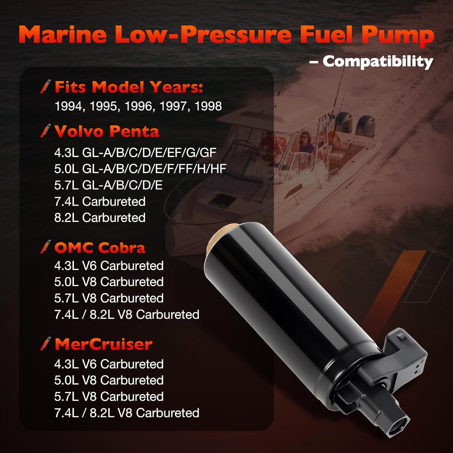 Low Pressure Electric Fuel Pump Compatible with Volvo Penta/OMC Marine Engines, Fits V6 & V8 4.3L 5.0L 5.7L Inboard & Sterndrive, Replaces 18-7326, 3858261, 3850809, 3854620